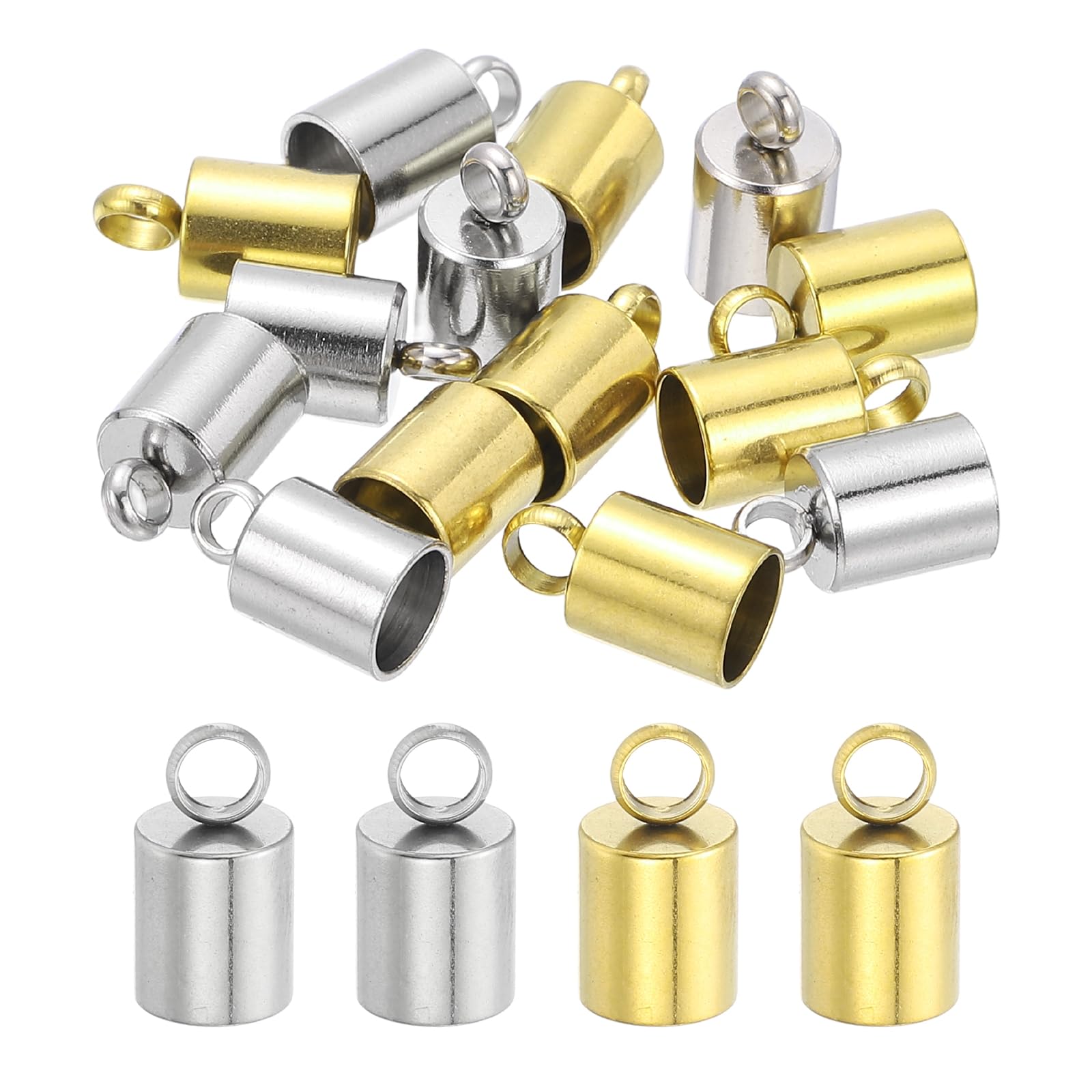 sourcing map Stainless Steel Cord End Caps 5mm ID, 20 Pack Barrel End Tips Terminators Cord Finding for DIY Jewelry Making Necklace Bracelets Tassels Supplies, Gold/Silver Tone