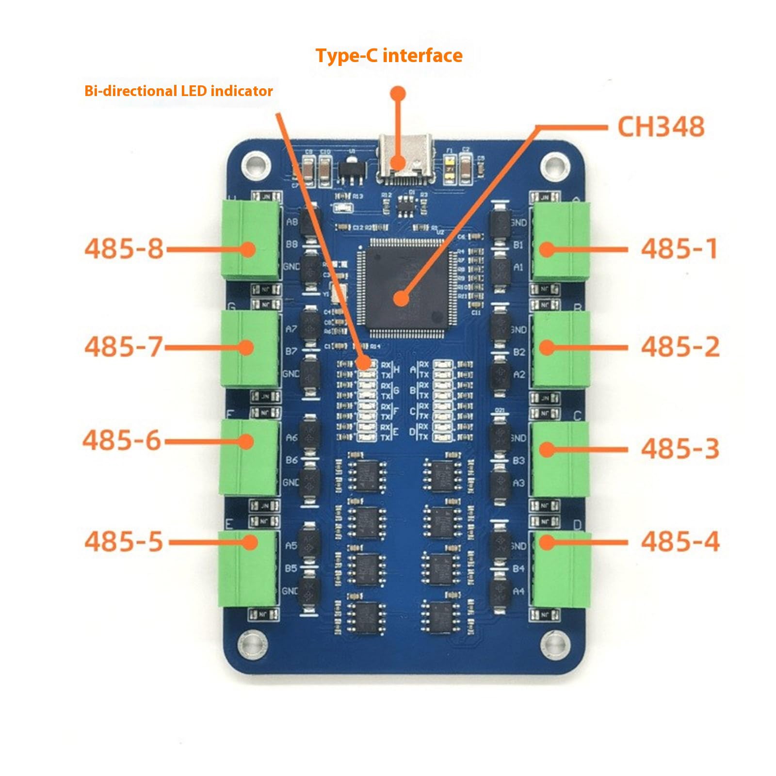 USB zu 8CH RS485 Typ C USB zu 8 Kanal RS485 CH348 Chip Unabhängiger Kanal Kurzschluss Schutzkonverter