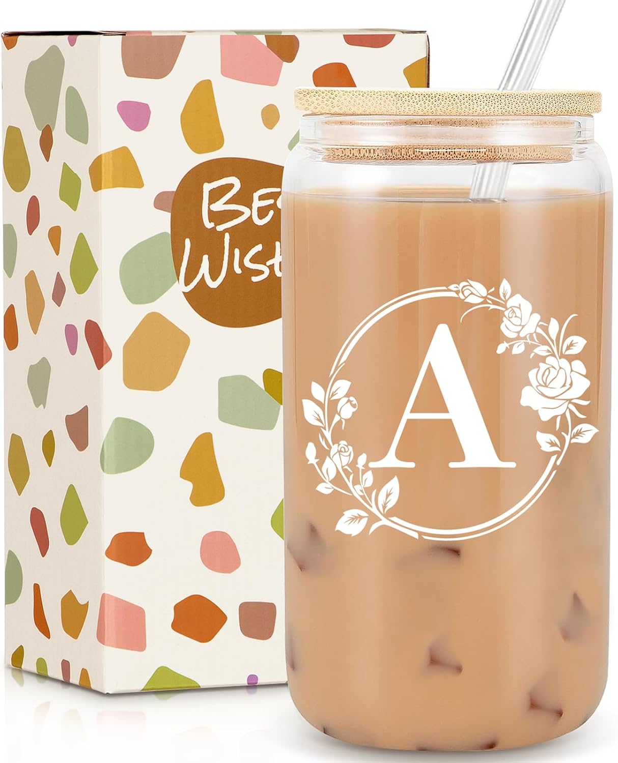 Birthday Gifts for Women, Monogrammed Initial Glass Cup Personalized Gifts for Women, 16oz Glass Cups with Lids and Straws, Iced Coffee Cup, Beer Can Shaped Glass – Gifts for Christmas, Birthday, A