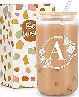 Frerdui Personalized Monogrammed Initial 16oz Glass Cup with Lid & Straw - Birthday Christmas Gifts for Women, Iced Coffee Beer Can Tumbler