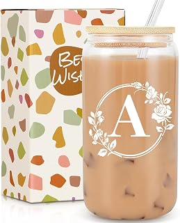 Frerdui Personalized Monogrammed Initial 16oz Glass Cup with Lid & Straw - Birthday Christmas Gifts for Women, Iced Coffee Beer Can Tumbler