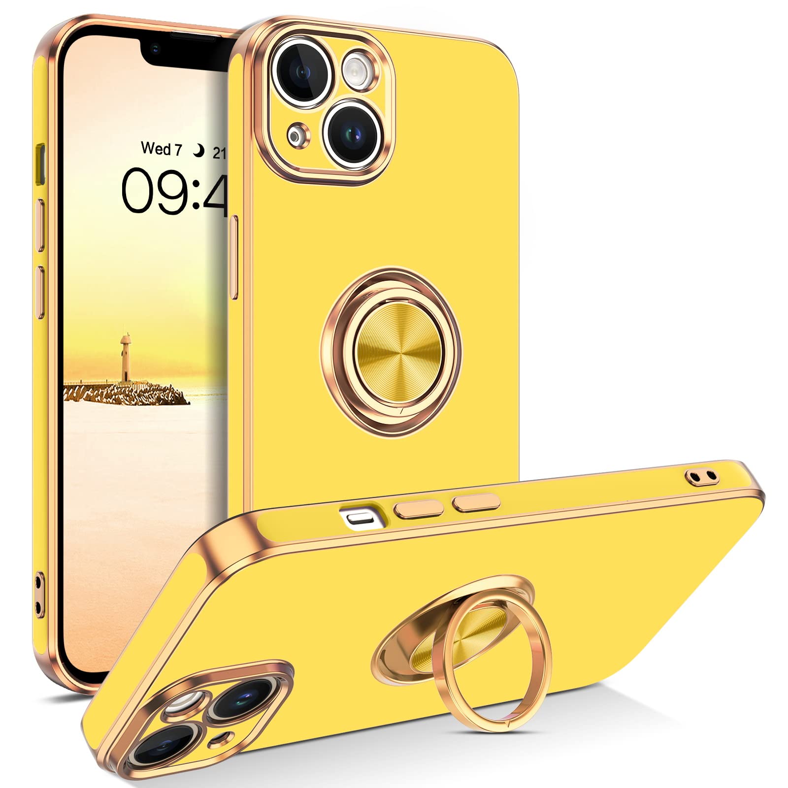 BENTOBEN iPhone 14 Plus Case, Phone Case iPhone 14 Plus 6.7", Slim Fit Kickstand Ring Holder Shockproof Protection Soft TPU Bumper Drop Protective Girls Women Boy Men iPhone 14 Plus Cover, Yellow/Gold