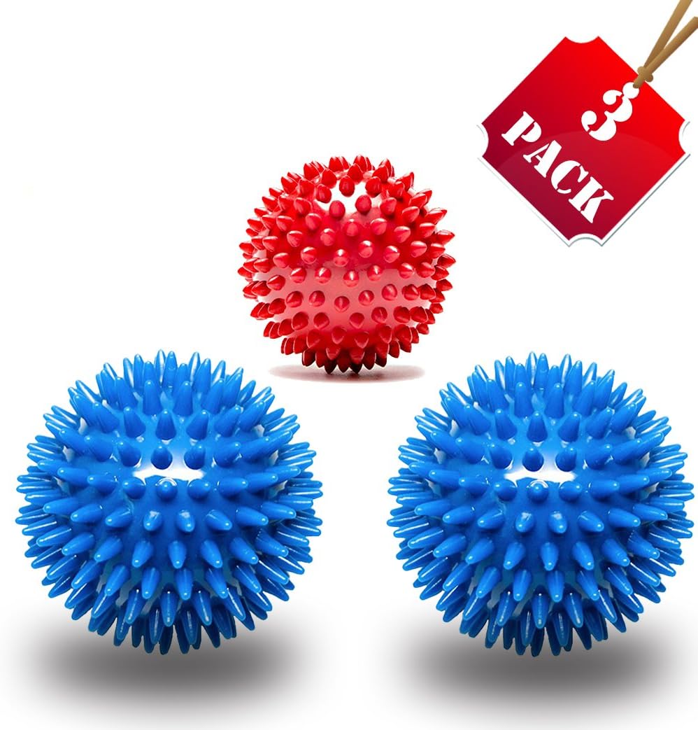 Porcupine Plantar Fasciitis Massage Balls Muscle Spiky Sensory Soft Set for Deep Tissue Body Feet Back Yoga, Physical Therapy Manual Massage Ball Therapeutic Perfect 3.5 inch 2 Pack Blue with Small 1