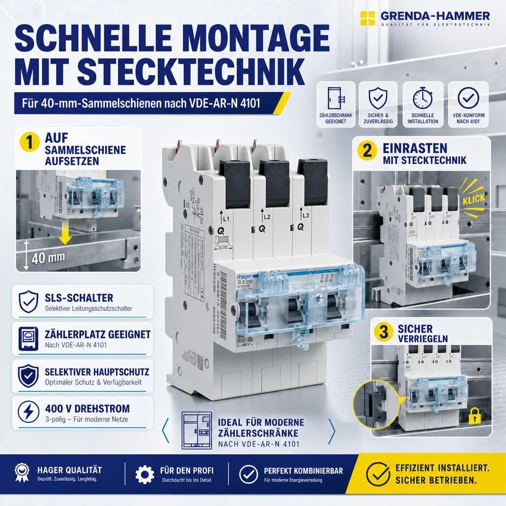 Hager HTS350E SLS-Schalter 50A 3-polig selektiver Hauptsicherungsautomat SHU mit Stecktechnik, Hauptleitungsschutzschalter für Zählerschrank Sammelschiene 400V 25kA