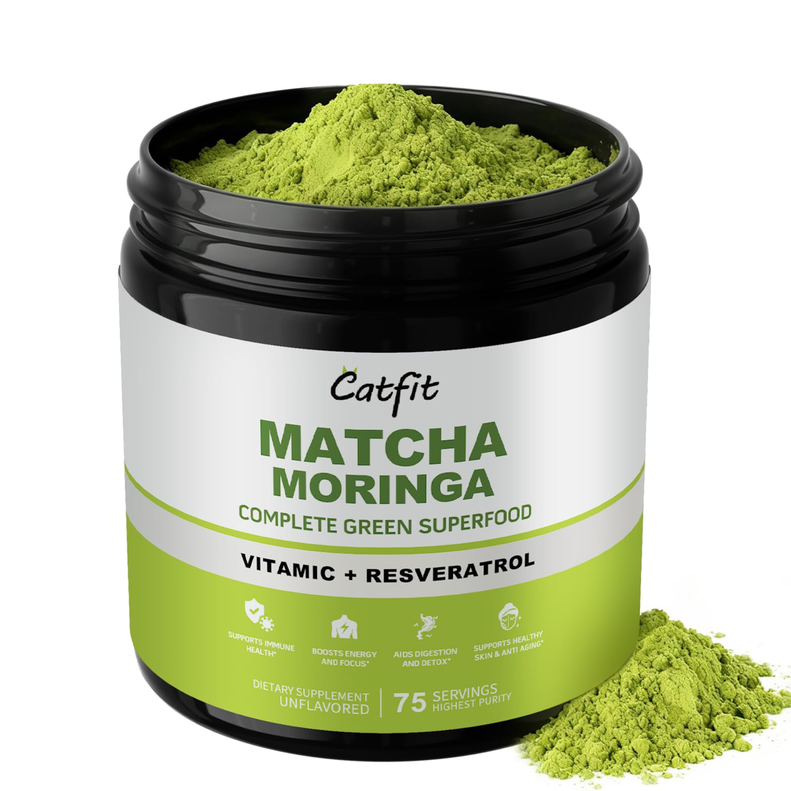 Matcha Powder – Superfood Blend with Moringa & Green Tea & Resveratrol, Energy & Focus Support, Immune & Antioxidant Defense, Vegan, Gluten-Free, 8ozMatcha Powder – Superfood Blend with Moringa & Gre…