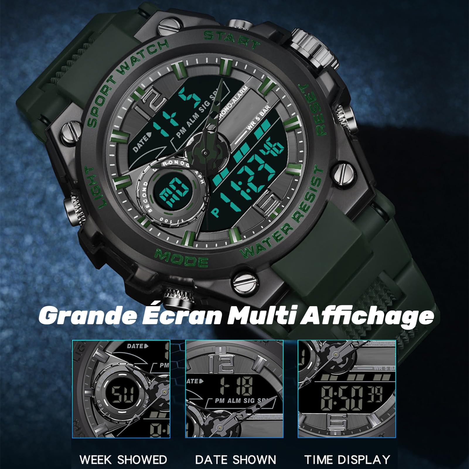 Orologio militare da uomo, per attività all'aperto, sportivo, impermeabile a 50 atm, orologio tattico, militare, per sport, grande quadrante multiplo, facile da leggere in notte
