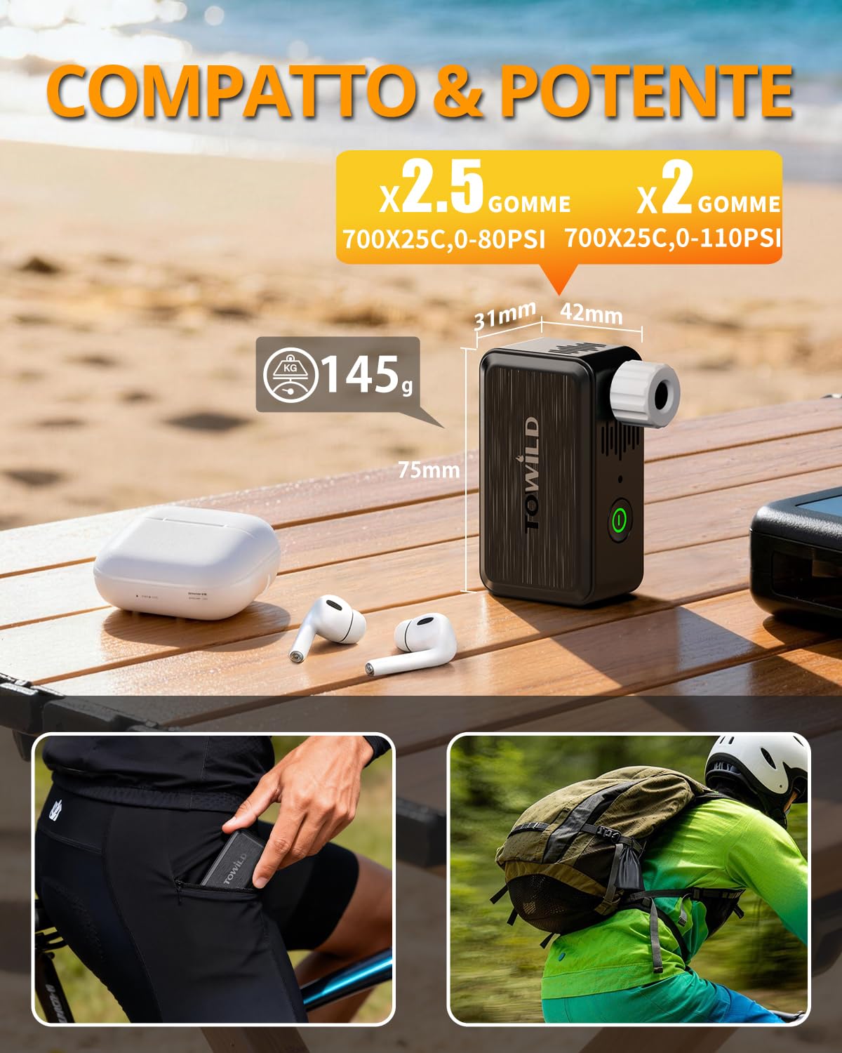 TOWILD A05 Pompa Elettrica per Bici, 130PSI Gonfiatore Ultra Compatto Portatile, 145g Leggero, Ricarica Veloce Type-C, Luce LED, Valvole Presta e Schrader per Bici da Strada e MTB