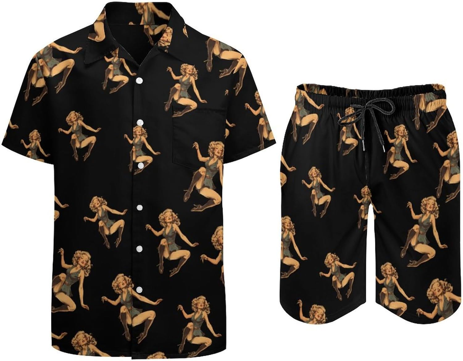 Sexy Pin Up-Girls Men's Summer Beach Outfits Shirt And Shorts Set 2 Piece Vacation Swimwear