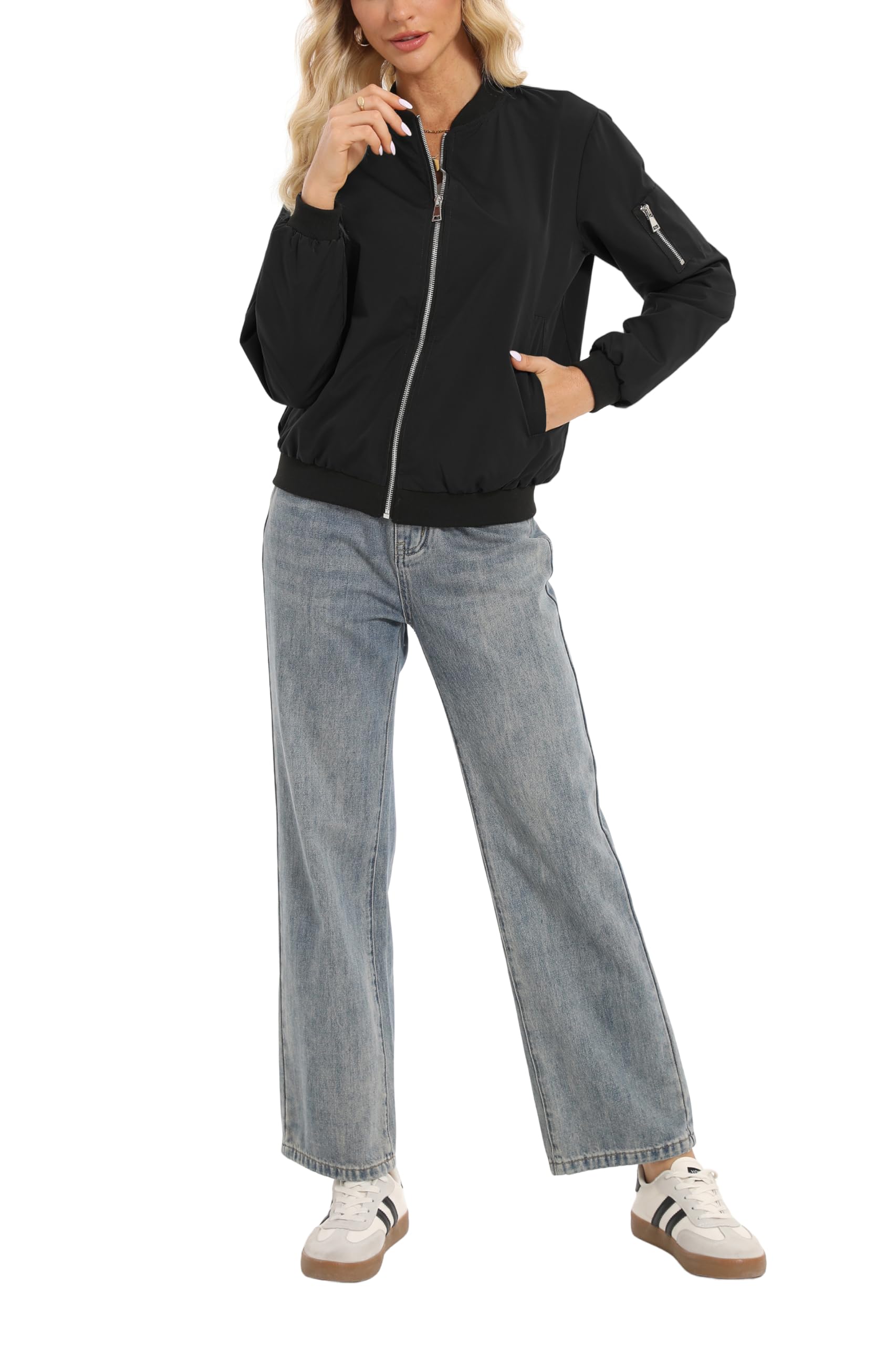 Oyamiki Blouson bomber à manches longues pour femme - Blouson court décontracté - Veste d'automne légère - Veste d'aviateur avec poches