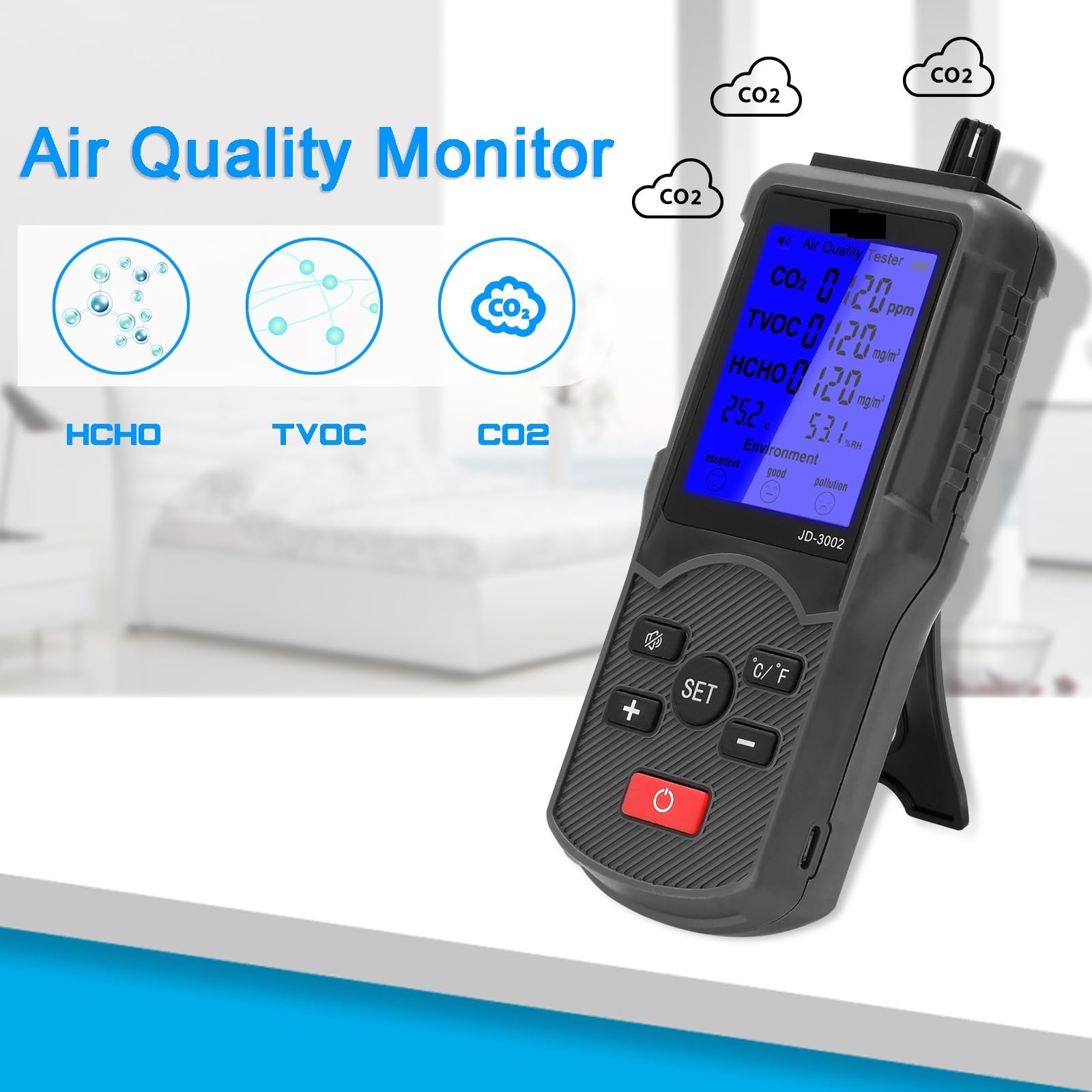 Aensore Qualità Aria, Misuratore di qualità 'aria, misuratore CO2, analizzatore gas, sensore, misurazione a temperatura e 'umidità