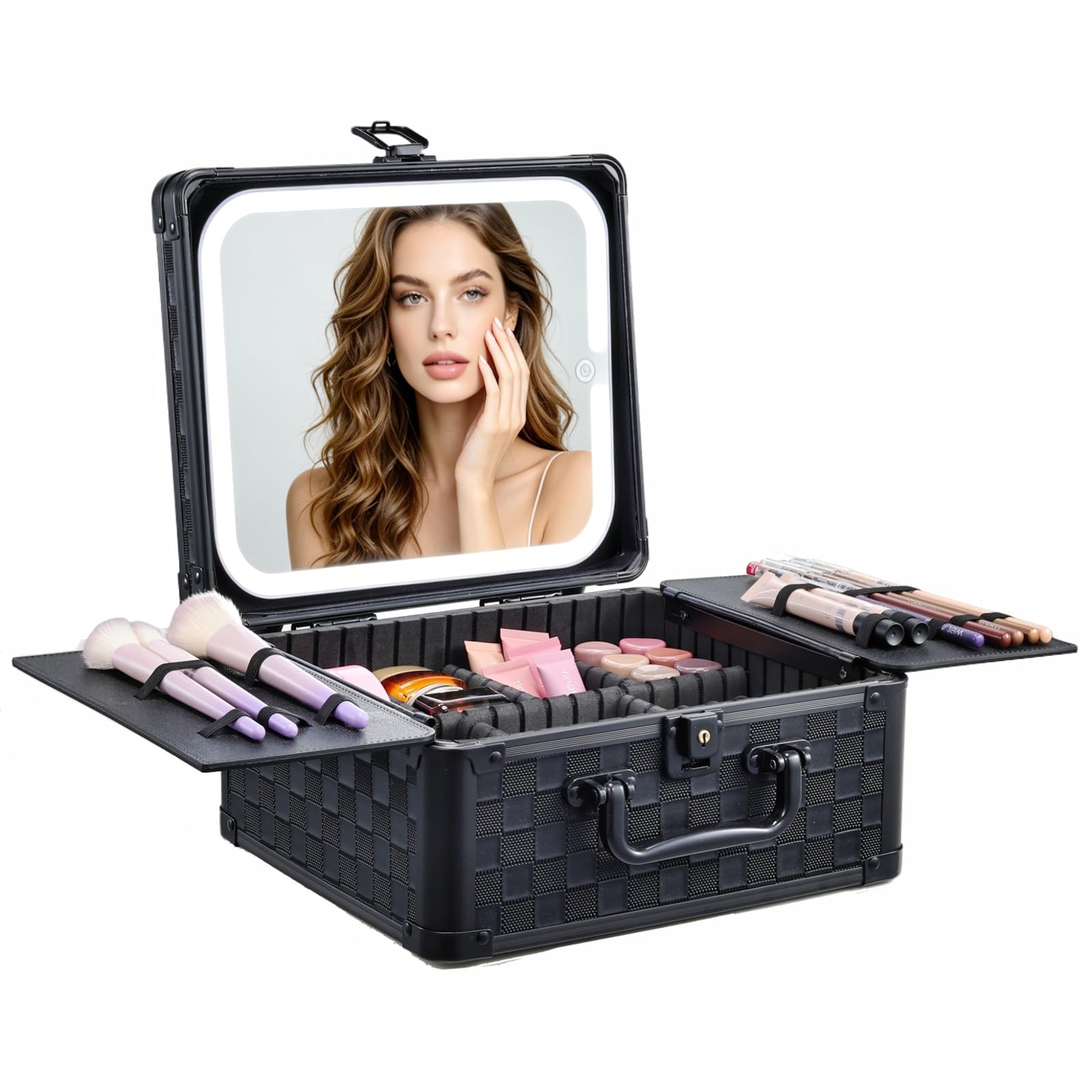 Photo 1 of Faquenc Makeup Bag with LED Mirror – Hard Makeup Case with Lighted Mirror, Portable Makeup Organizer Box with 3-Color LED Light, Makeup Train Case with 6 Dividers, Makeup Travel Case for Women