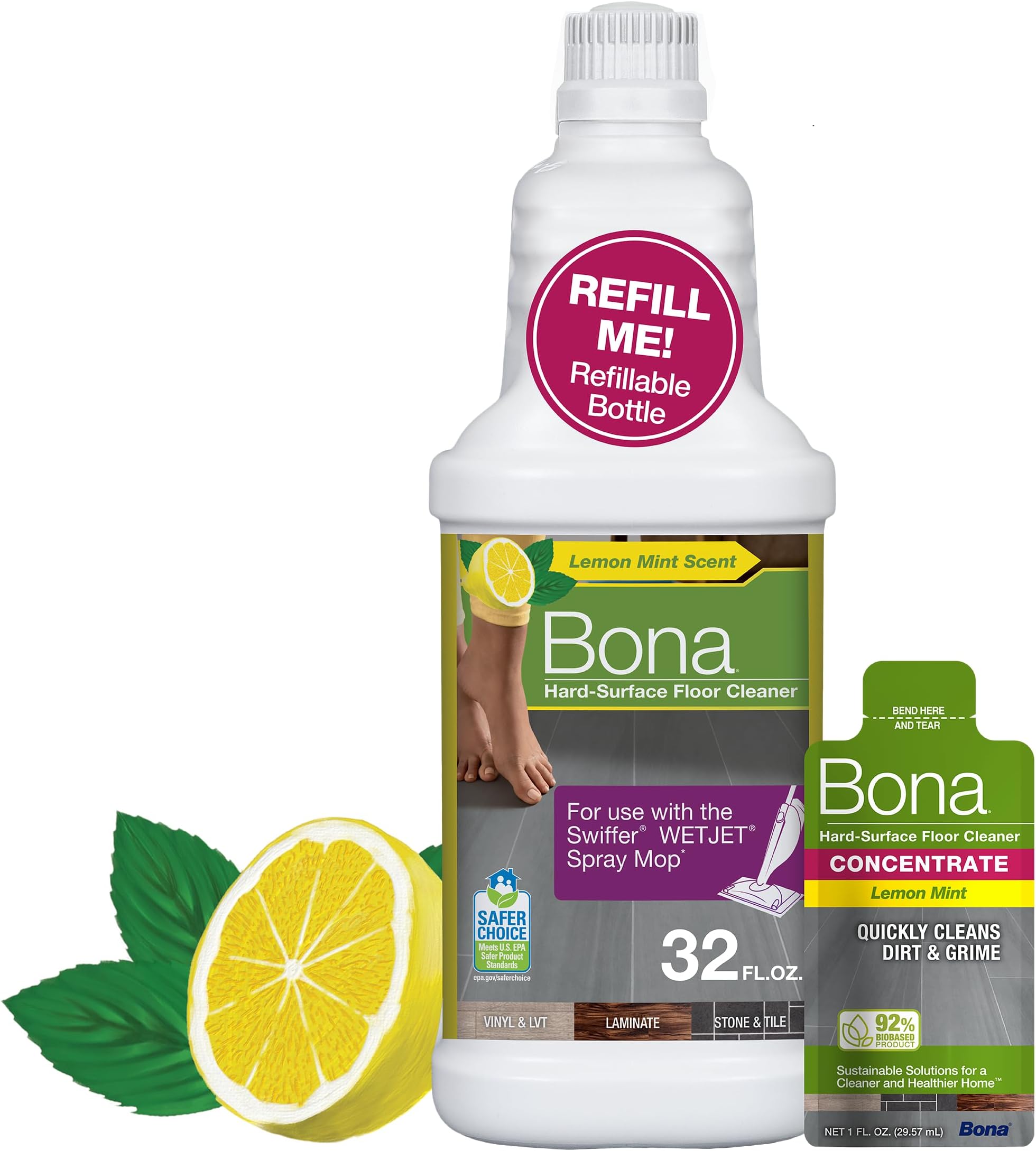 Bona Multi-Surface Floor Cleaner Bottle for use with Swiffer WETJET Spray Mop, Stone Tile Laminate and Vinyl LVT/LVP, Lemon Mint Scent, makes 64 Fl Oz - Includes Filled Bottle + Concentrate Refill