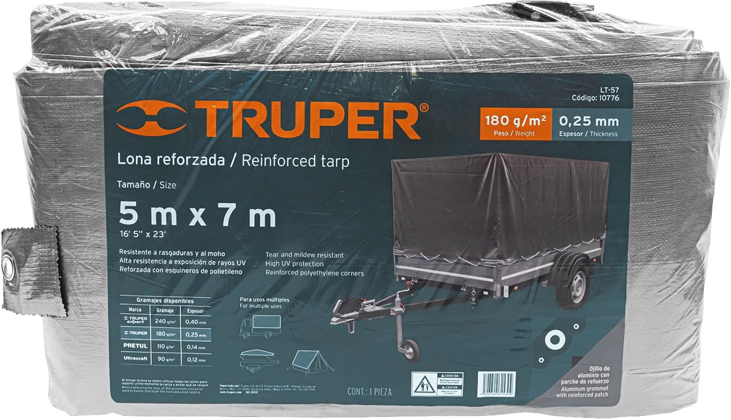 TRUPER LT-57 Reinforced Gray Tarps, 7.5 oz/yd2 16.4x23Ft (5x7m)