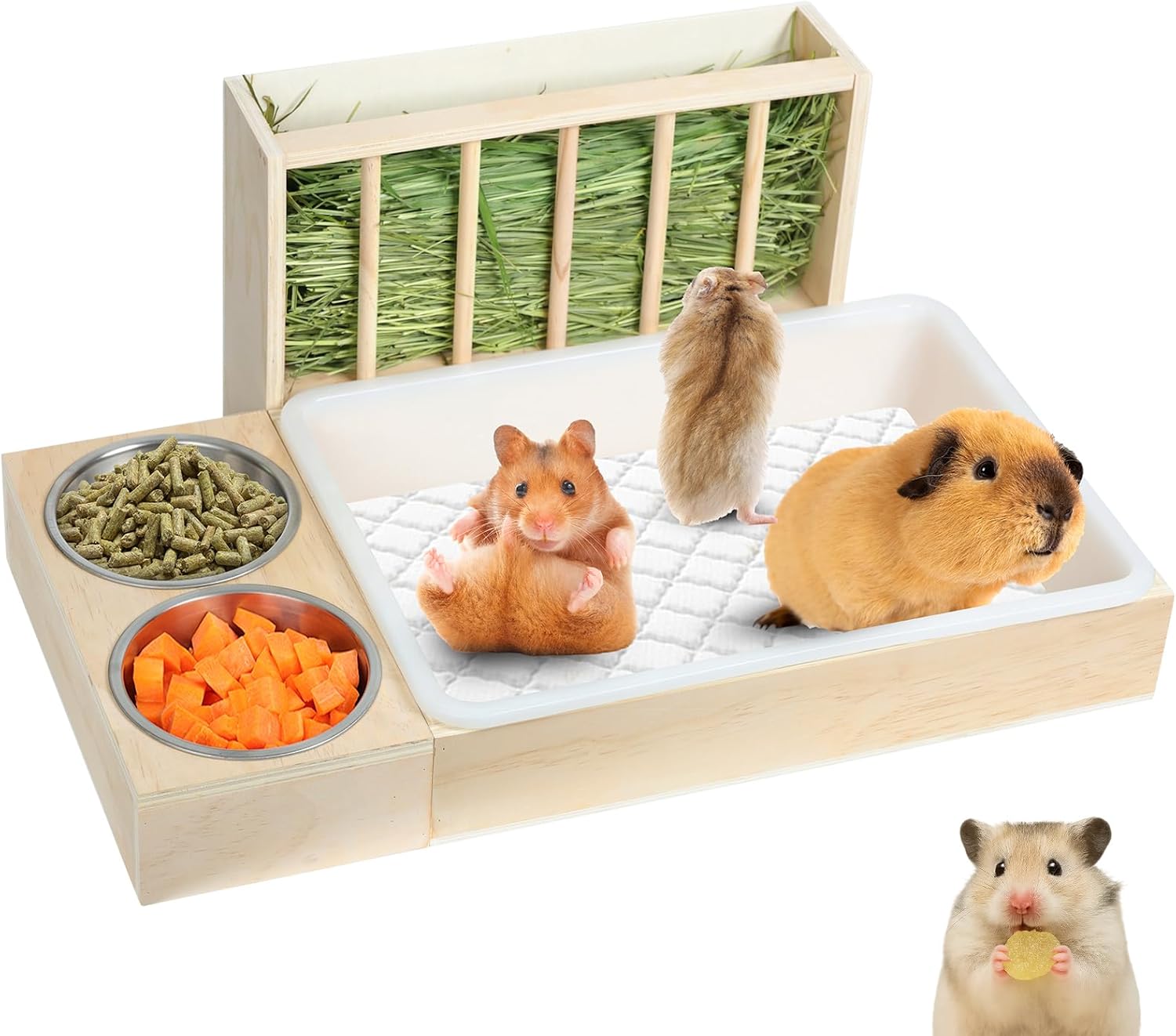 3 in 1 Rabbit Hay Feeder with Litter Box,Wooden Hay Feeder with 2 Bowls & Litter Box for Guinea Pig Chinchilla Bunny Other Small Animals,Large Capacity & Preventing Waste