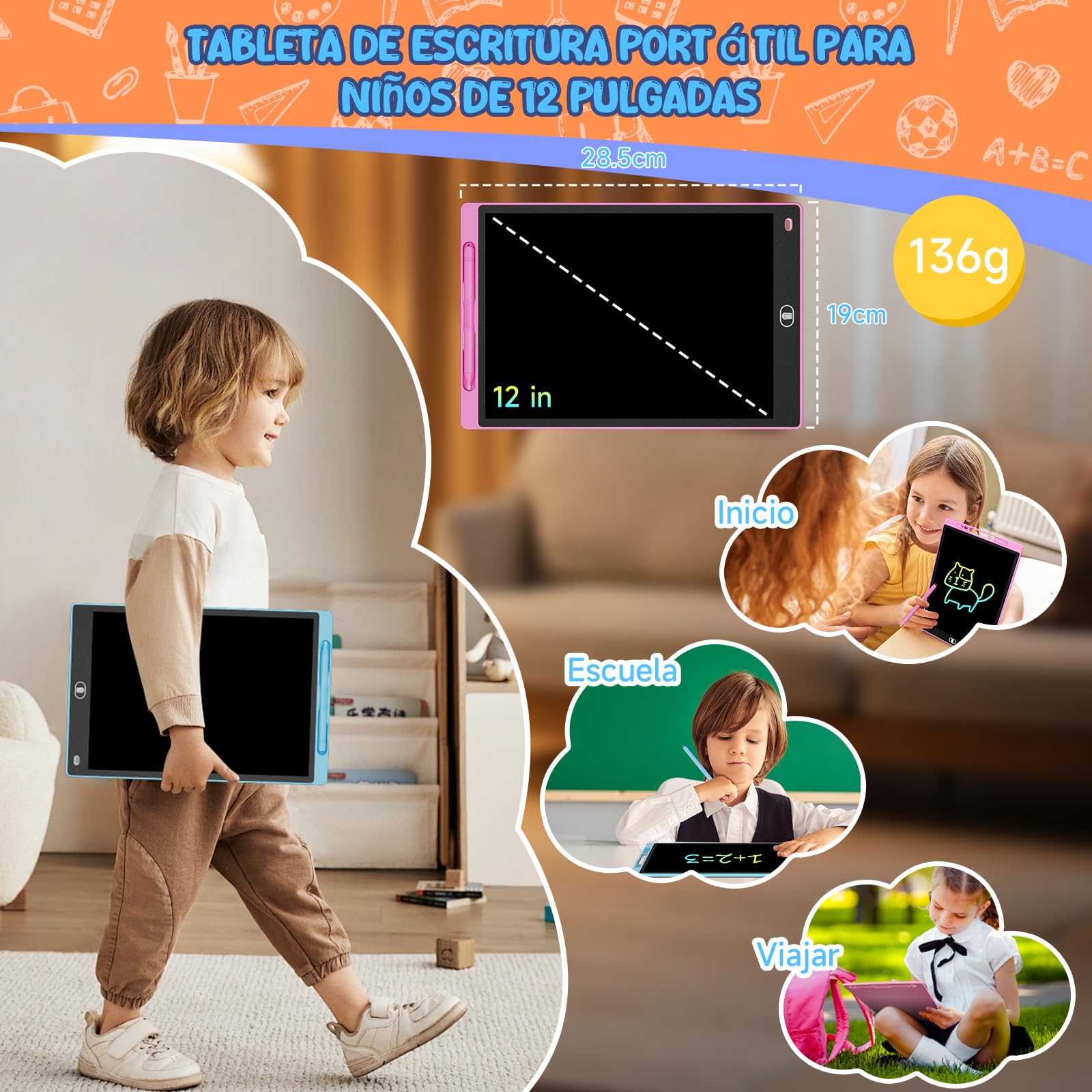 12 Pulgadas 2 Packs Tableta Escritura LCD Color, Electight Tablet Escritura Pantalla Colorido Infantil, Juguetes Educativo Niños con Borrable y Bloqueo Función, para el Hogar, Rosa+Azul — view 5