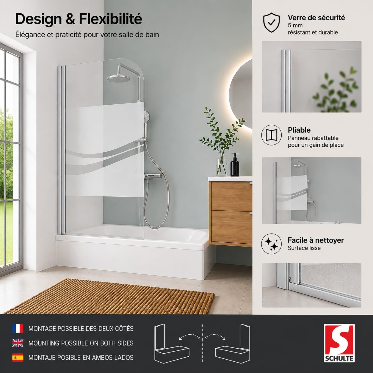 Schulte pare baignoire 80x140cm alu-argenté réversible pivotant verre 5mm | paroi battable à 180° verre trempé