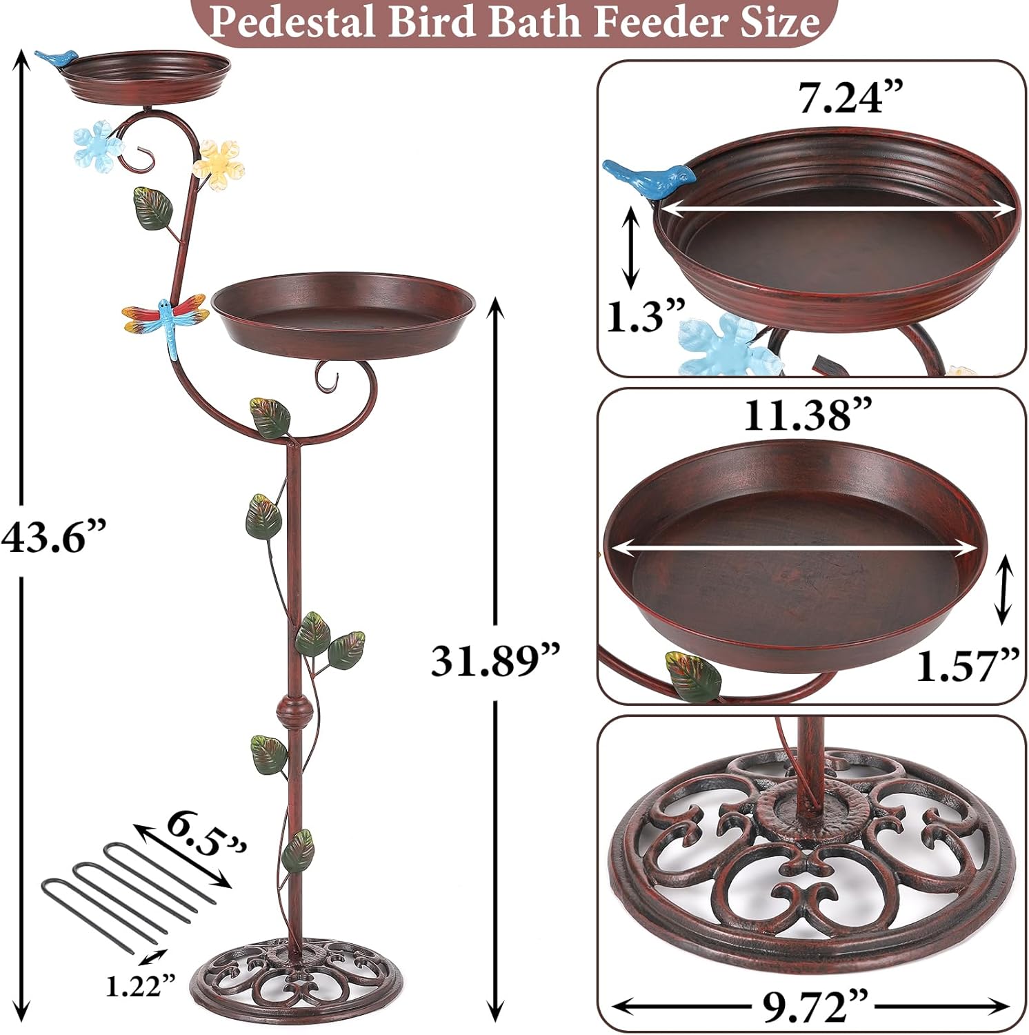 Bird Baths for Outdoors, 43" Tall Cast Iron Bird Bath and Feeder, Pedestal Bird Bath for Outside, Metal Heavy Duty 2 in 1 Birdbaths and Bird Feeders, Decorative Birdbath for Garden Yard