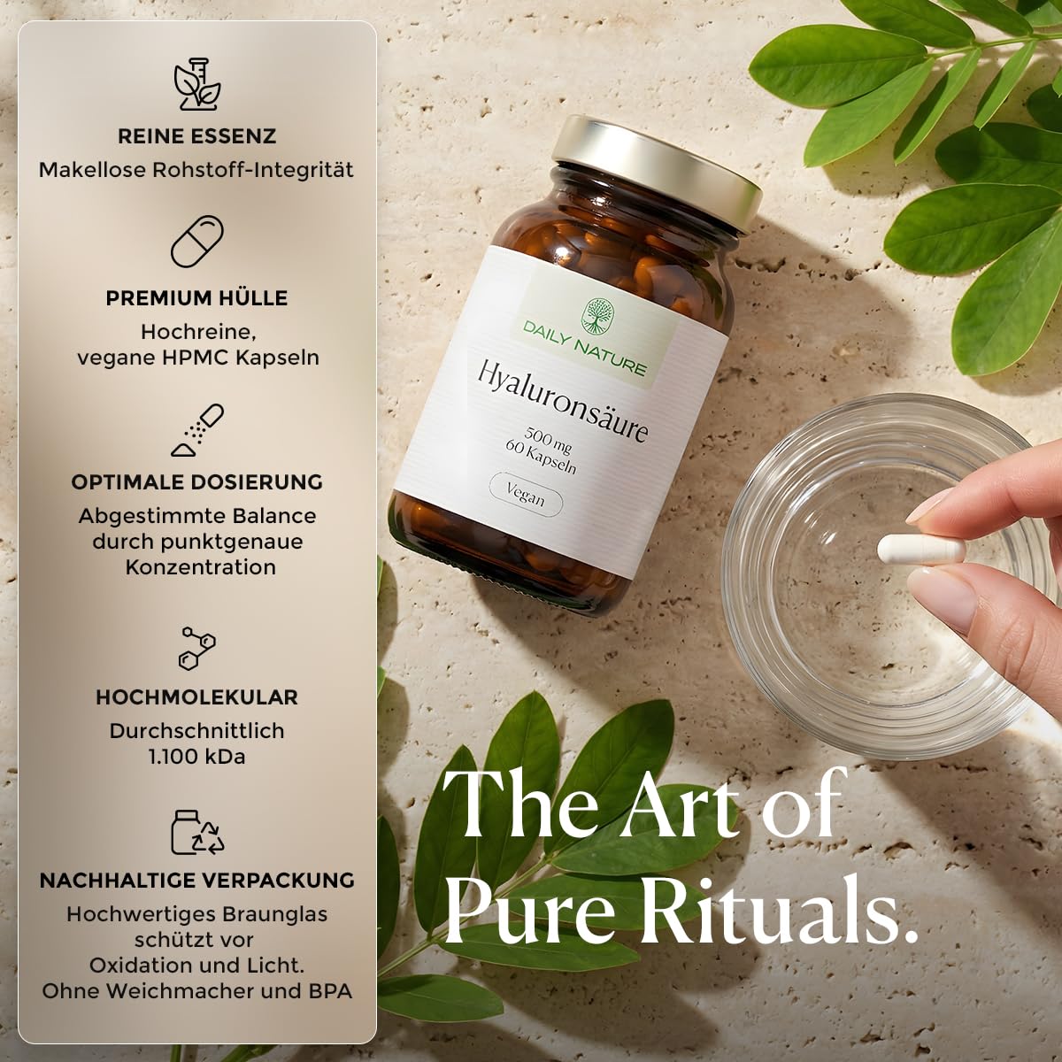 DAILY NATURE® Premium Hyaluronsäure I 60 Kapseln hochdosiert I 500 mg Natrium Hyaluronat pro Kapsel I 1.100 kDa I vegan & ohne unerwünschte Zusätze I gluten- & laktosefrei I hochwertige Inhaltsstoffe