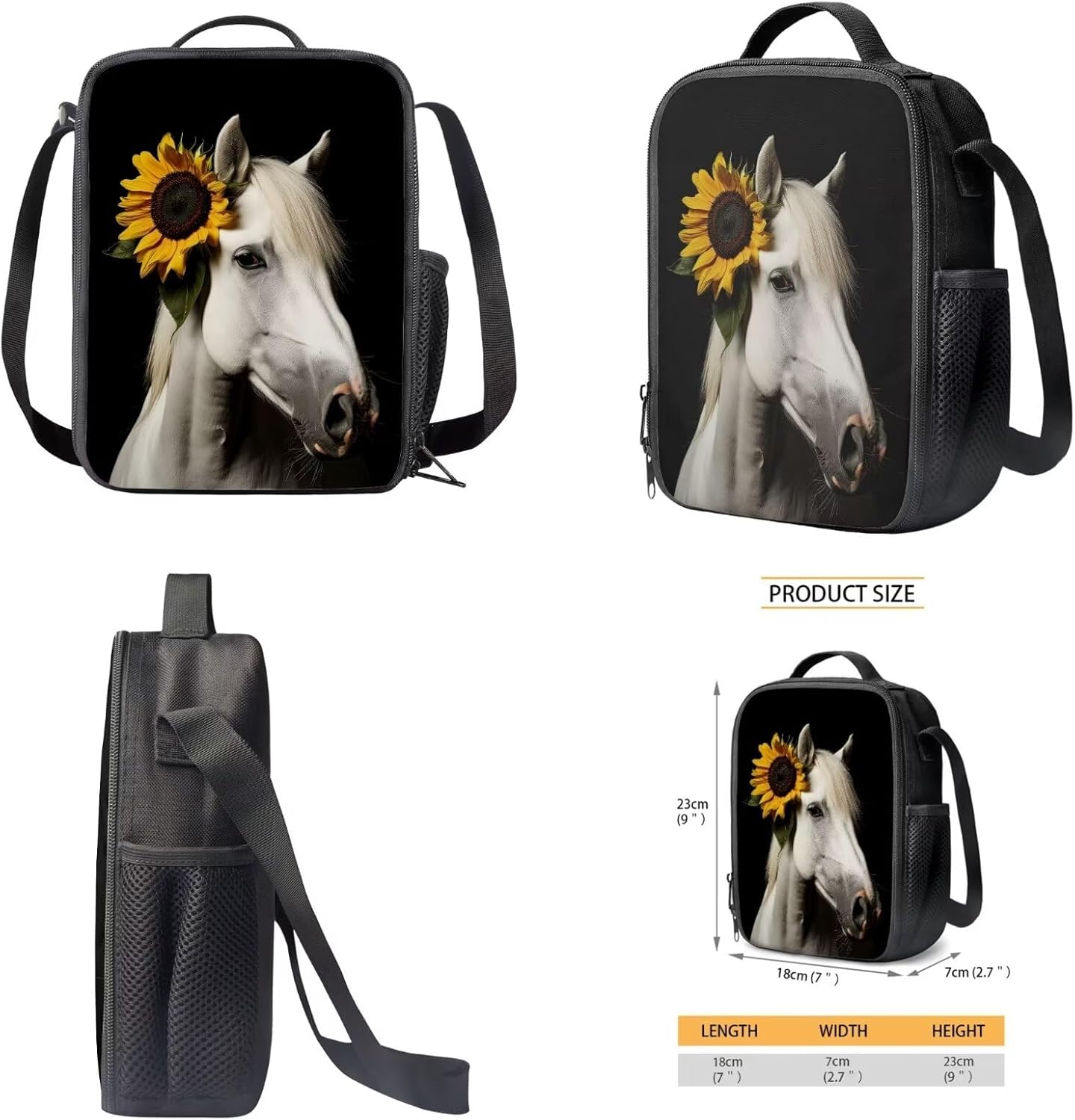 Sunflower White Horse Print 3 Pcs School Backpack Set for Kids Girls Boys Large School Bag with Lunch Box Pencil Case, Portable Bookbag Student Back Packs Satchel Travel Daypack Bagpack