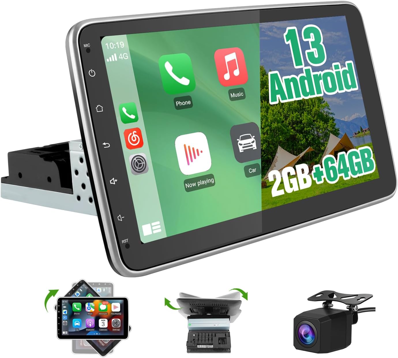 Android 13 4-Core 2GB+64GB Single Din Car Stereo, 10.1 Inch Floating Touchscreen Car Radio with Wireless CarPlay & Android Auto/Mirror Link/Wi-Fi/FM/USB, Support SWC/Backup Camera (Included)