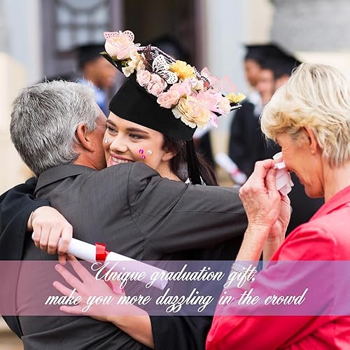 Miniatura 6 de Hoteam Kits de decoración de gorras de graduación que incluyen cabezas de flores sintéticas, calcomanías de mariposa 3D, diamantes de imitación