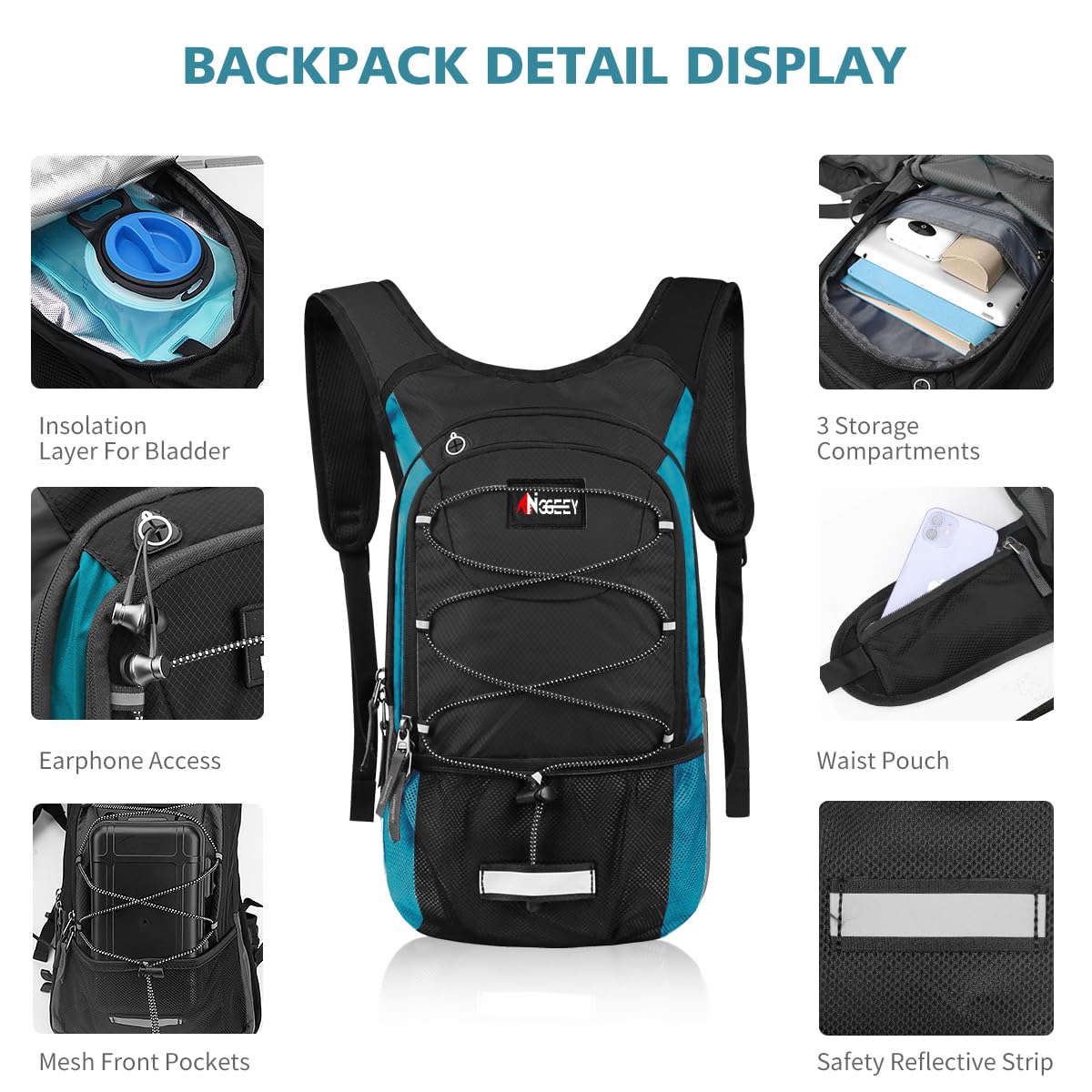 Sac à dos d'hydratation isotherme avec poche d'hydratation de 2 L, sac à dos de randonnée pour homme, femme, enfant, sac à dos d'eau pour randonnée, course à pied, cyclisme, camping