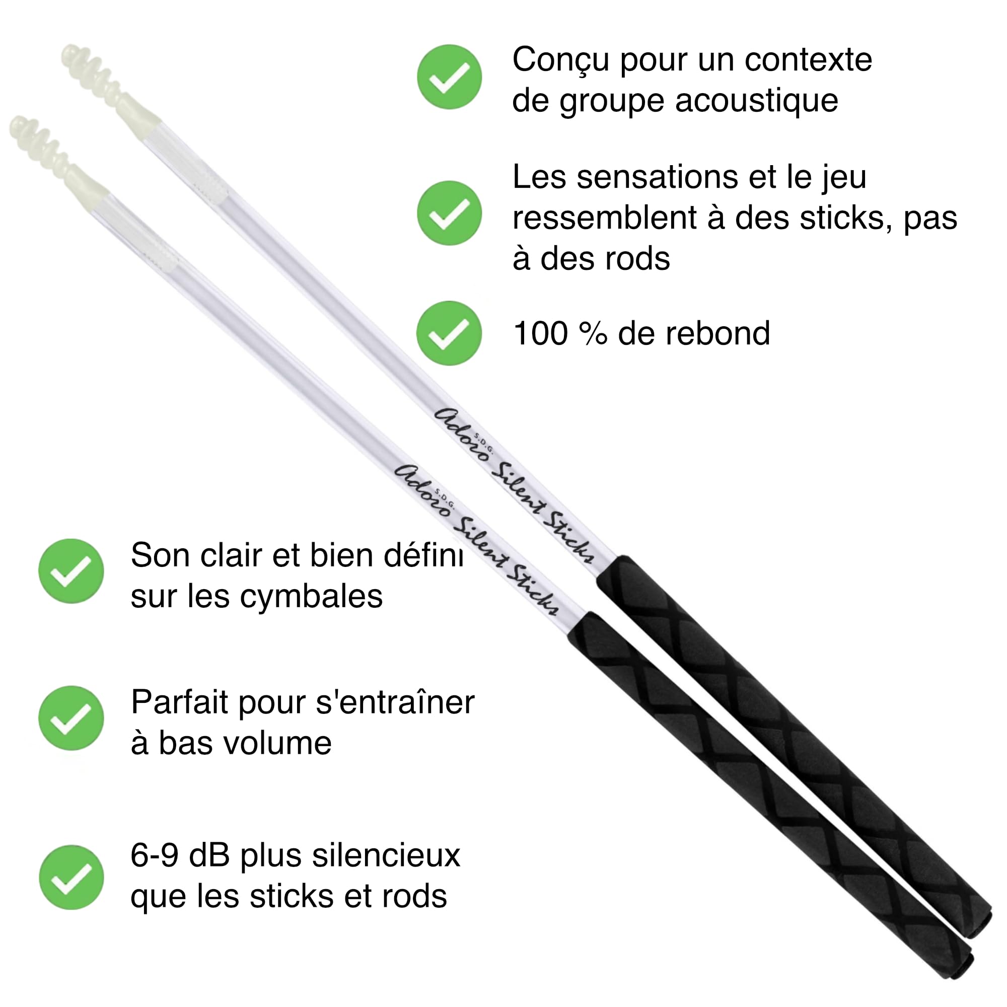 Adoro Silent Sticks - SSX - Baguettes de batterie silencieuses - Baguettes de batterie silencieuses idéales pour la musique acoustique - Volume réduit avec son complet - Aucune paroi d'isolation