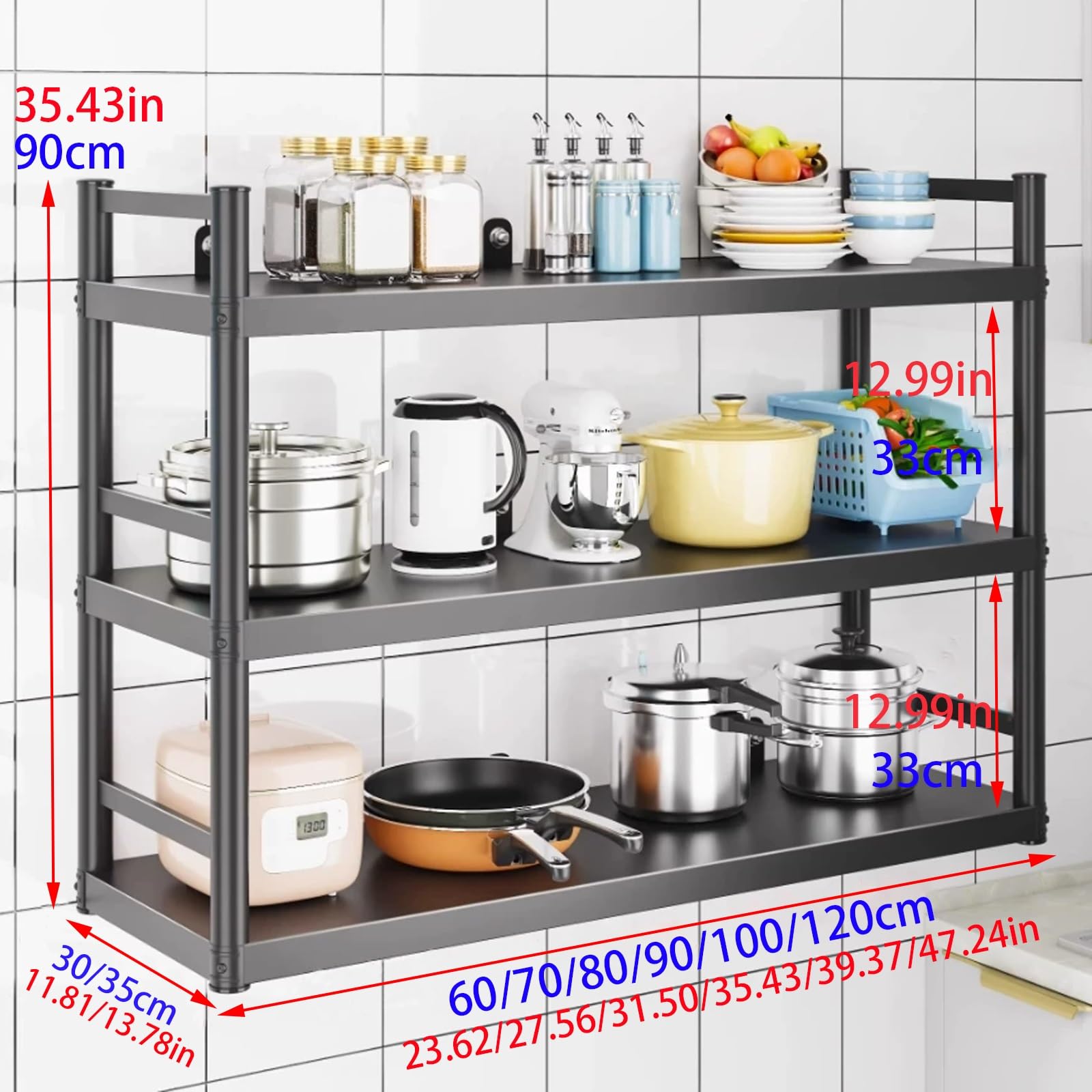 Wandmontiertes Küchenregal Aus Kohlenstoffstahl Mit Geländern 2/3 Ebenen Mehrzweckschrank Für Restaurants Hotels Badezimmer Labor Schwebender Aufbewahrungsschrank(90x30x90cm)