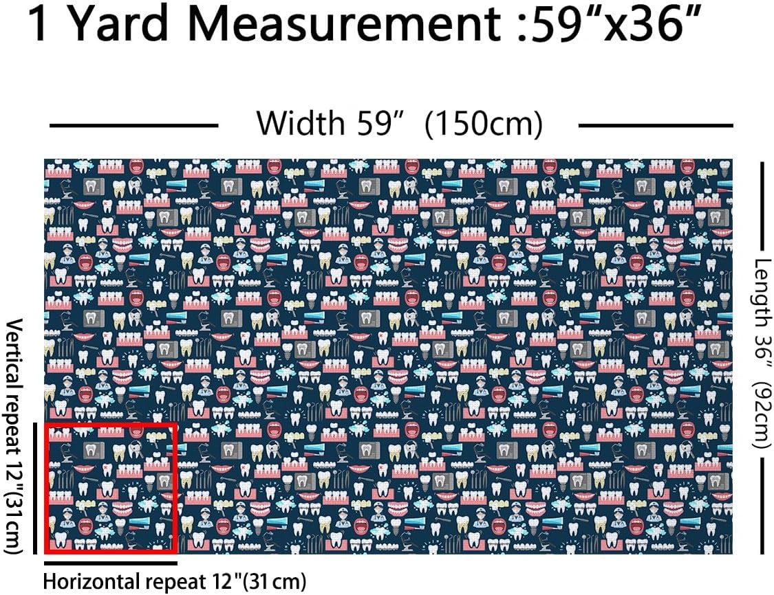 Feelyou Teeth Upholstery Fabric for Chairs, Cute Tooth Dentisit Clinic Fabric by The Yard, Cartoon Dental Care Theme Decorative Fabric for Upholstery and Home DIY Projects, 1 Yard