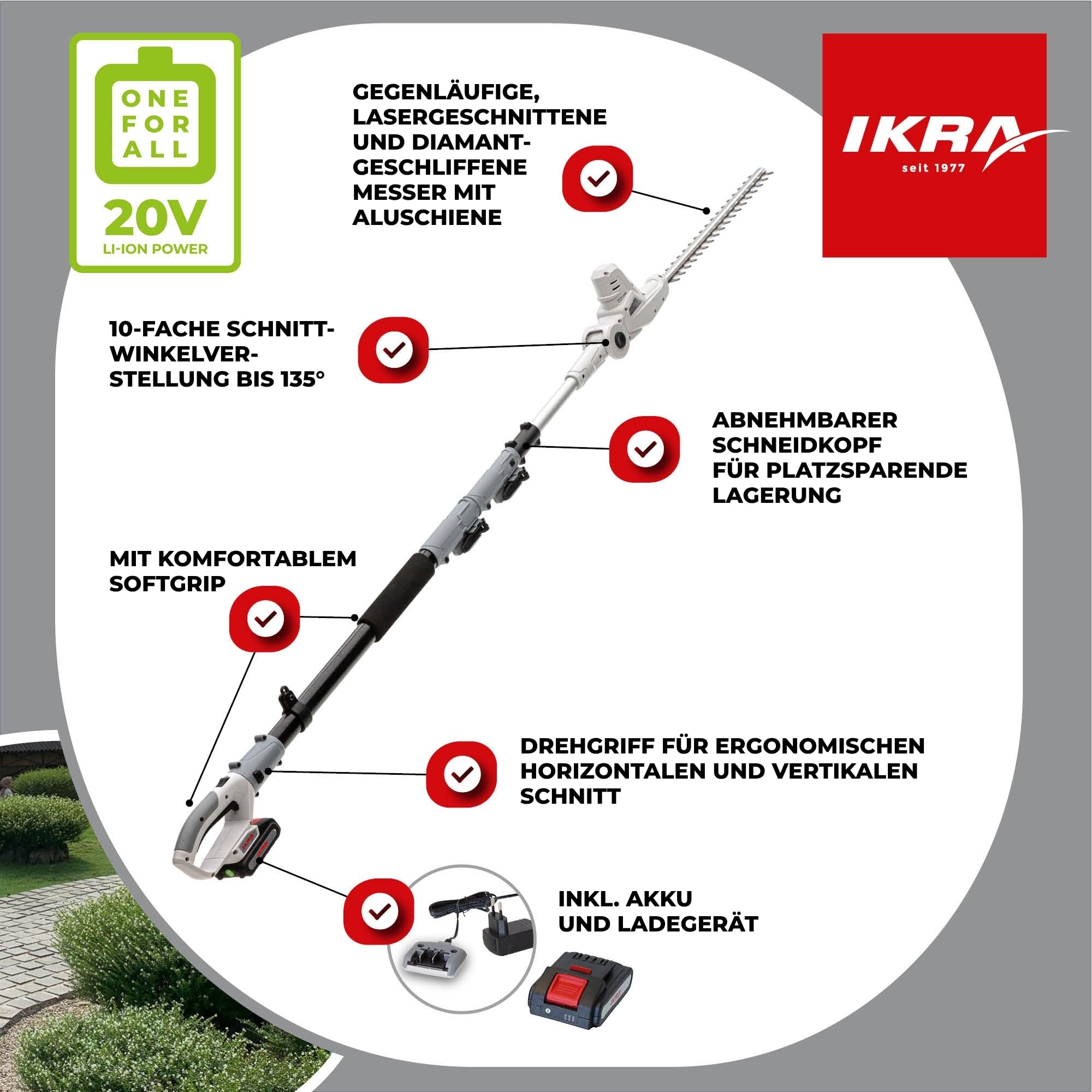 IKRA Akku Teleskop Heckenschere ICPH 2040, Schnittlänge 40cm, Drehgriff | Teleskopierbar 220-275cm, Schnittstärke 18mm, inkl. Akku 20V 2,0Ah, Ladestation & Schultergurt, 20 Volt Akku-Familie von IKRA