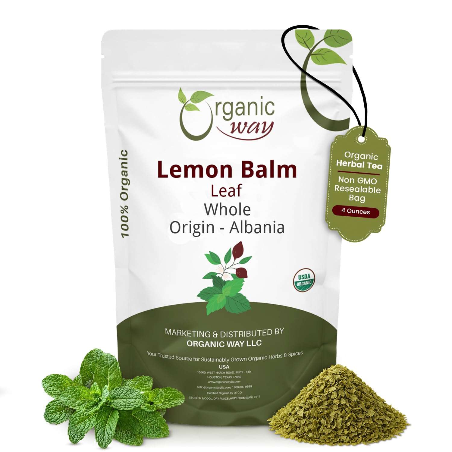 Organic Way Lemon Balm Leaf Whole (Melissa officinalis) - Herbal Tea | Organic & Kosher Certified | Vegan | Raw, Non GMO & Gluten Free | USDA Certified | Origin - Albania (1/4LBS / 4Oz)