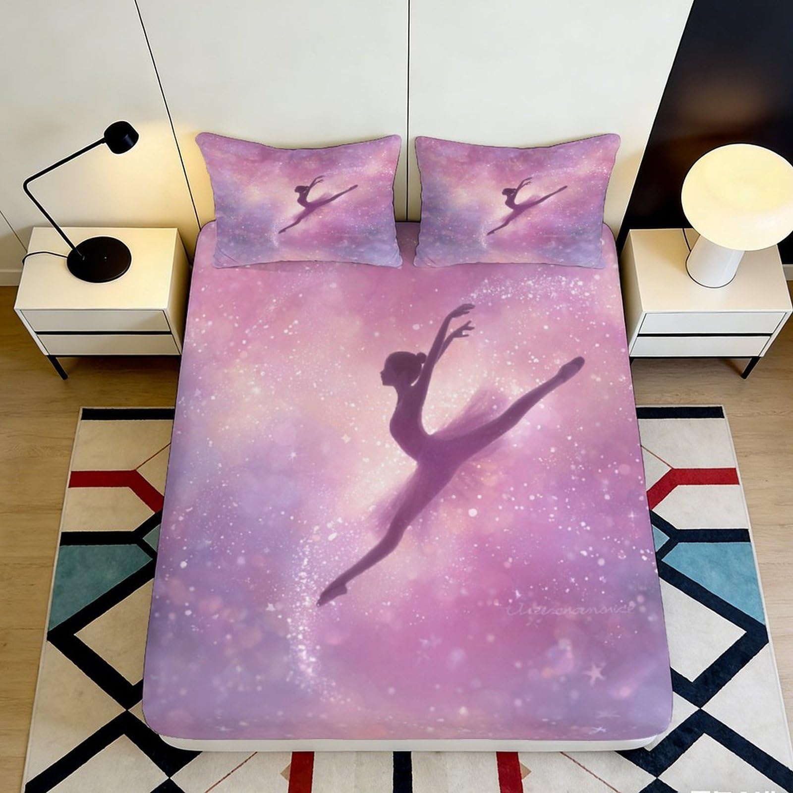 3D Printed Ballet Silhouette Fitted Sheet Microfiber Soft Breathable Purple Dance Mattress Cover for Bedroom Dormitory Guest Room Mattress Protection Decor 120x200x25cm