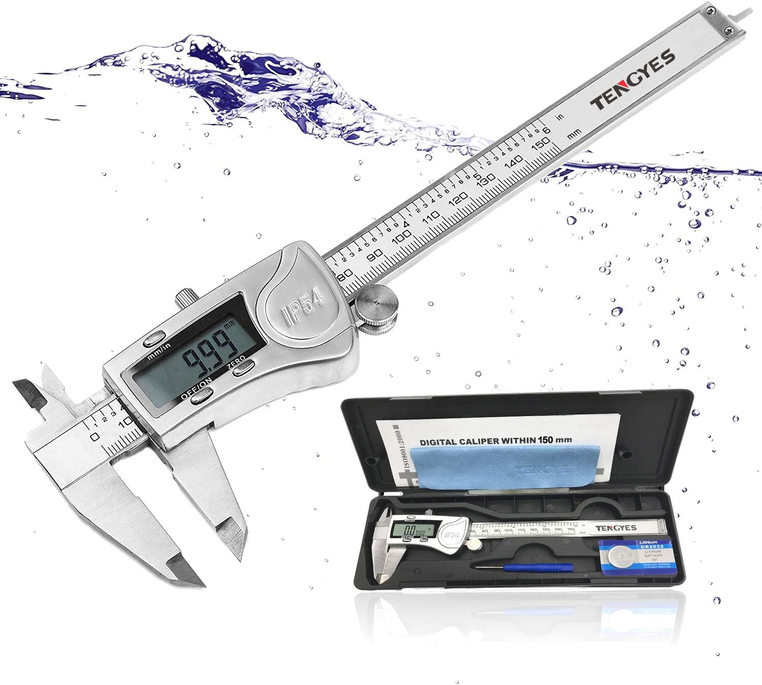 TENGYES Digital Caliper Micrometer Measuring Tool - 6 inch Stainless Steel Electronic Vernier Calipers, IP54 Waterproof Accurate Gauge with LCD Screen Inch