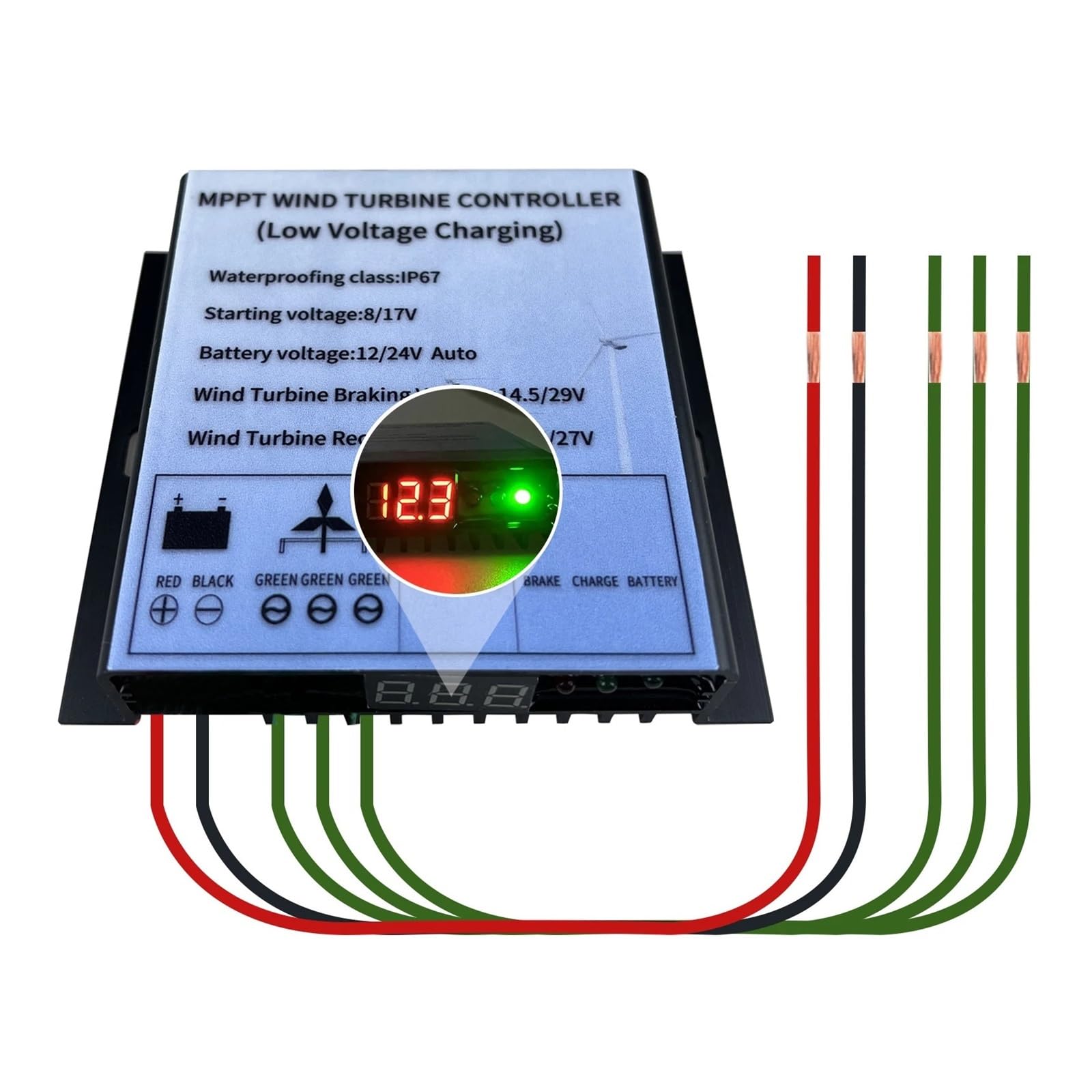 12V 24V 48V 600W 800W MPPT Kontroler Generatora Turbiny Wiatrowej Kontroler Ładowania Niskonapięciowego IP67 Ekran Napięcia LED(600W,48V)