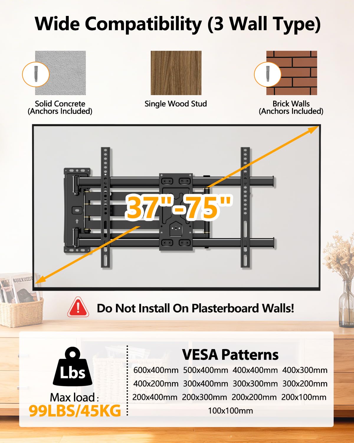 FORGING MOUNT Long Reach TV Wall Bracket, 1015mm Long Arm for 37-75 Inch TVs, Corner TV Bracket, 3 Articulating Arm Full Motion TV Mount with Swivel/Tilt, Holds up to 45kg, Max VESA 600x400mm — view 2
