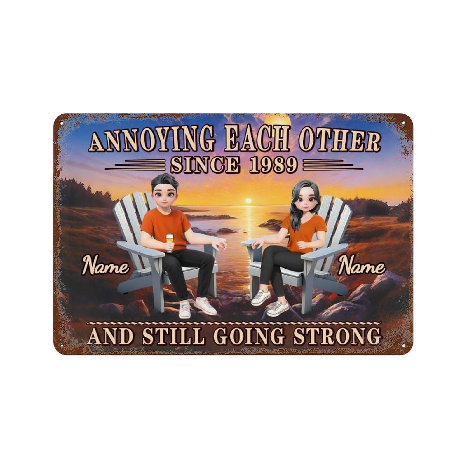 Custom Annoying Each Other Since Sunset Sea View Couple Metal Sign for Wife Husband Grandparents Personalized Couple Name Cartoon Portrait Rustic Plaque for Patio Garden Farmhouse Porch Man Cave โ image 1