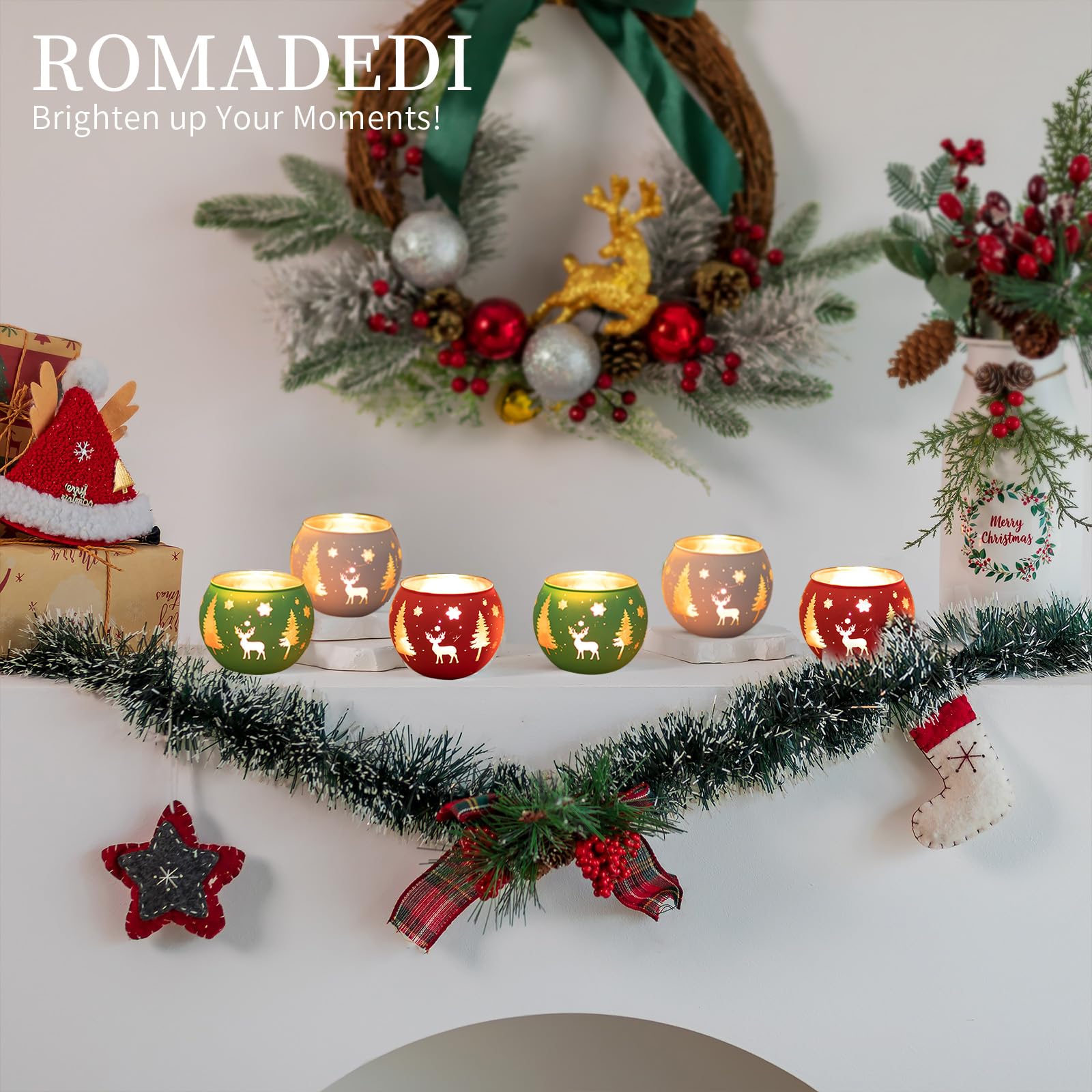 Romadedi Juego de 6 portavelas votivos para decoración de Navidad, portavelas de cristal, luz de té, café, mesa de cena, centro de mesa, decoración de Navidad, hogar, fiesta, vacaciones