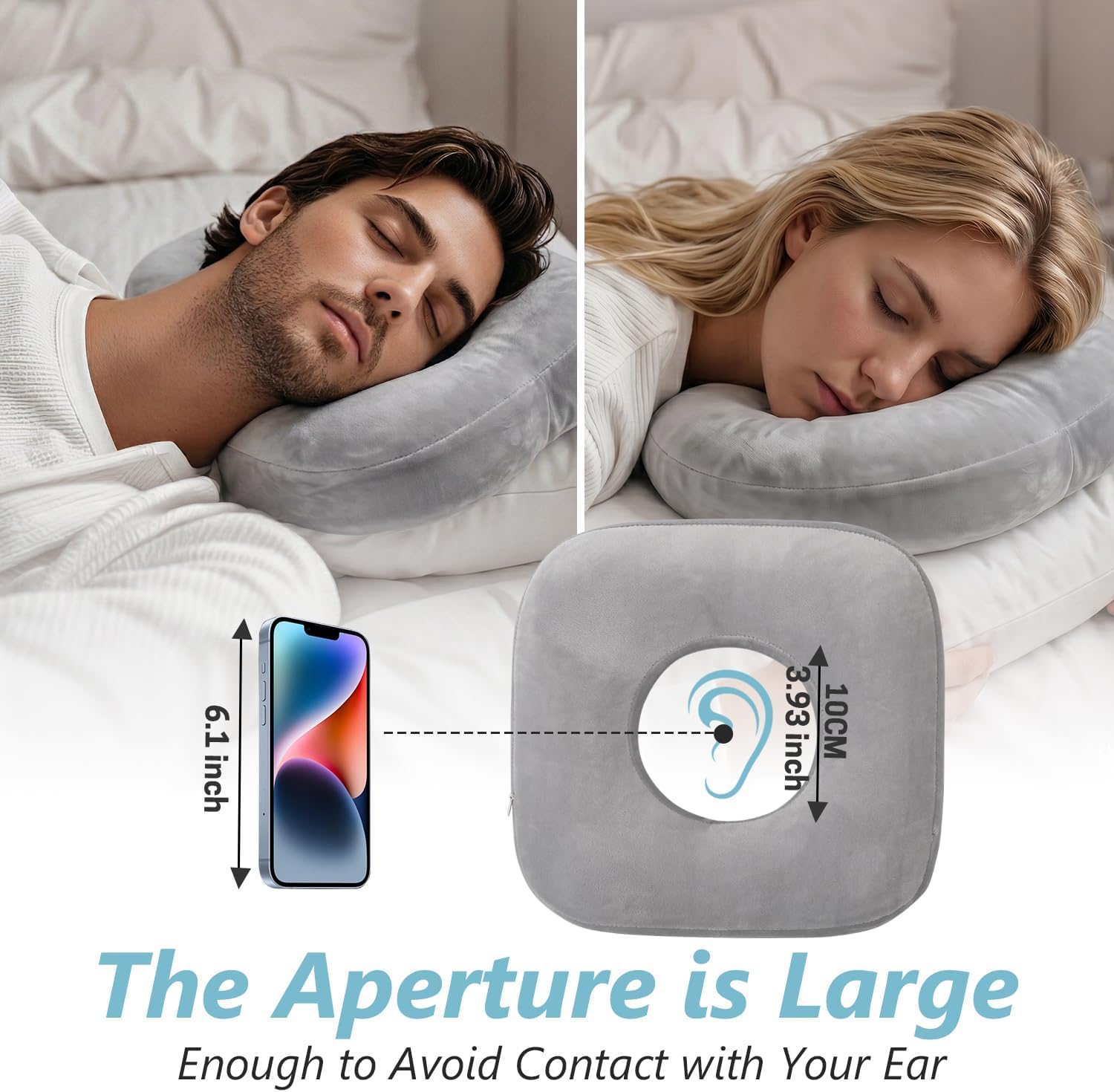SWISSELITE Ear Piercing Pillow for Side Sleepers, Donut Pillow with 3.93" Ear Hole for CNH, Ear Pain, Ear Inflammation and Pressure Sores, Washable Ear Guard Pillow