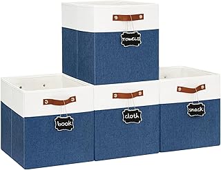 13x13 Storage Cubes 4-Pack, Large Foldable Fabric Cube Storage Bin with Reinforced Bottom and Labels, Organizer Baskets for Shelves, Closets(White/Blue)