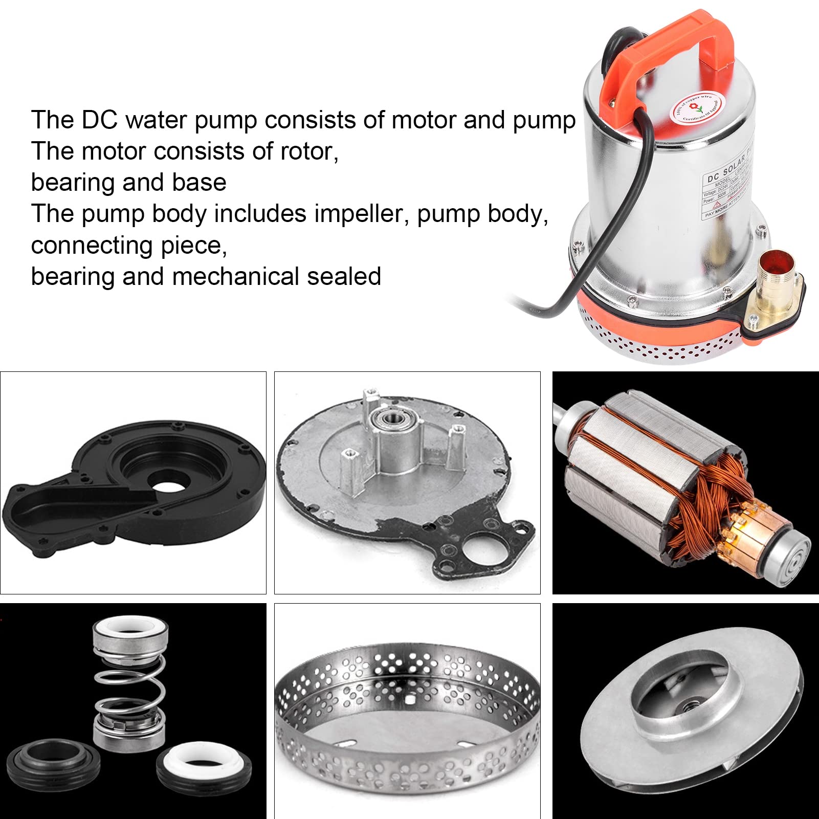 Bomba sumergible solar 500W Bomba de agua de pozo profundo de cabeza alta DC24V Acero inoxidable Motor de alambre de cobre para estanque Piscina Drenaje de riego