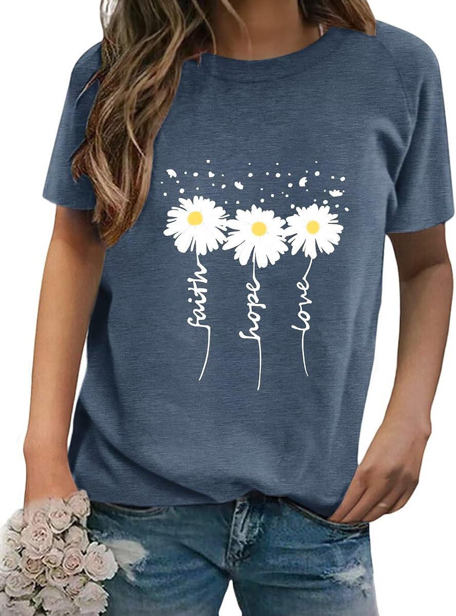 EADINVE Camisetas con estampado de margaritas para mujer Camisetas de manga corta con cuello redondo de verano 2026 | Gráfico duradero Faith Hope Love, no transparente, no pegajoso, ajuste holgado, suave, acogedor, fácil cuidado, diario, vacaciones, para todas las estaciones.