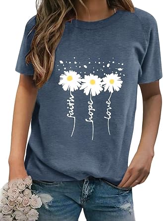 EADINVE Women Crewneck Daisy Print Short Sleeve T-Shirts Summer Faith-Hope-Love Tees Loose Fit Graphic Tops 2026