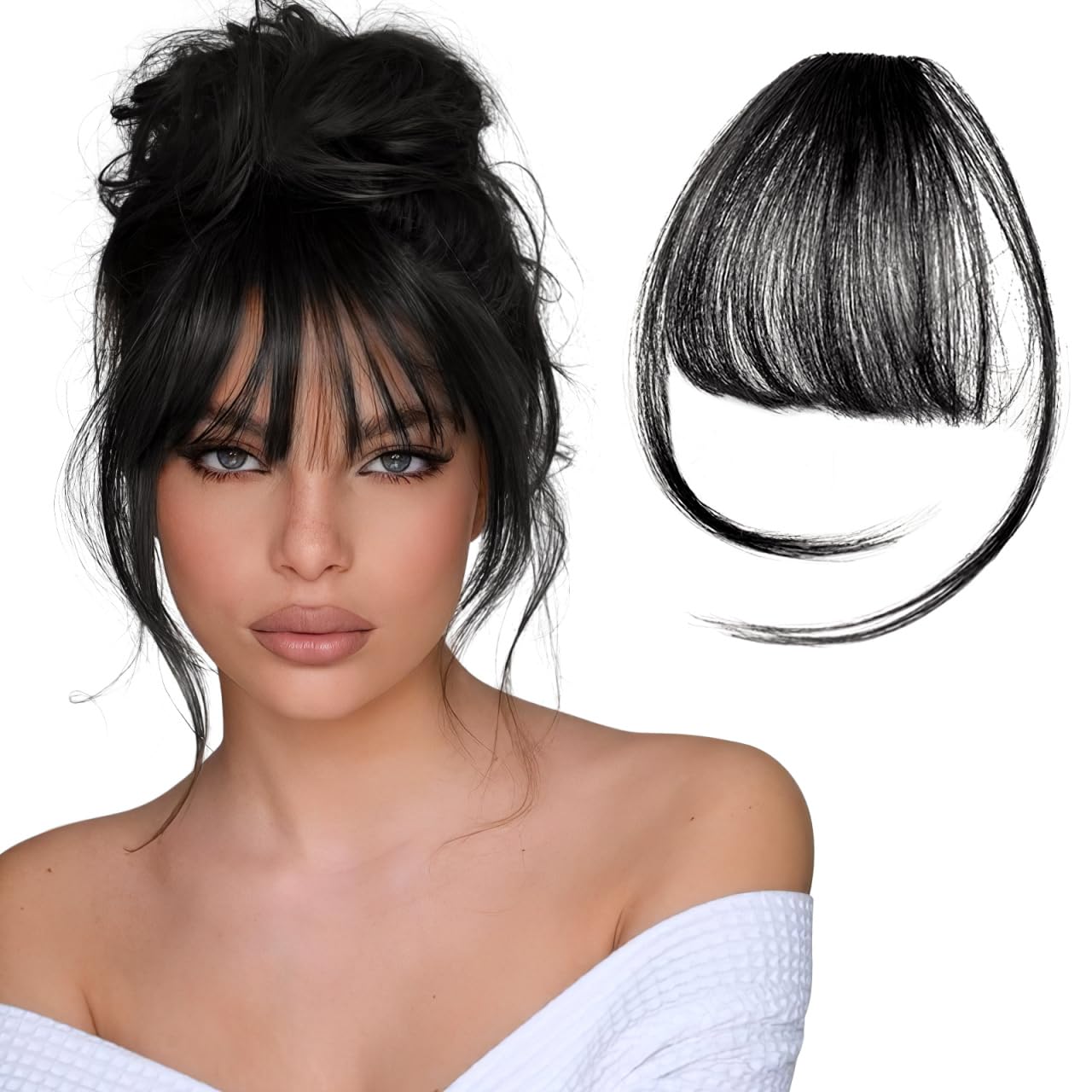 Lurrose Clip in Bangs Hair Extensions, Human Hair Air Bangs Front Neat Air Fringe Hand Tied Straight Flat Bangs Fake Hair Pieces for Girls (Black)