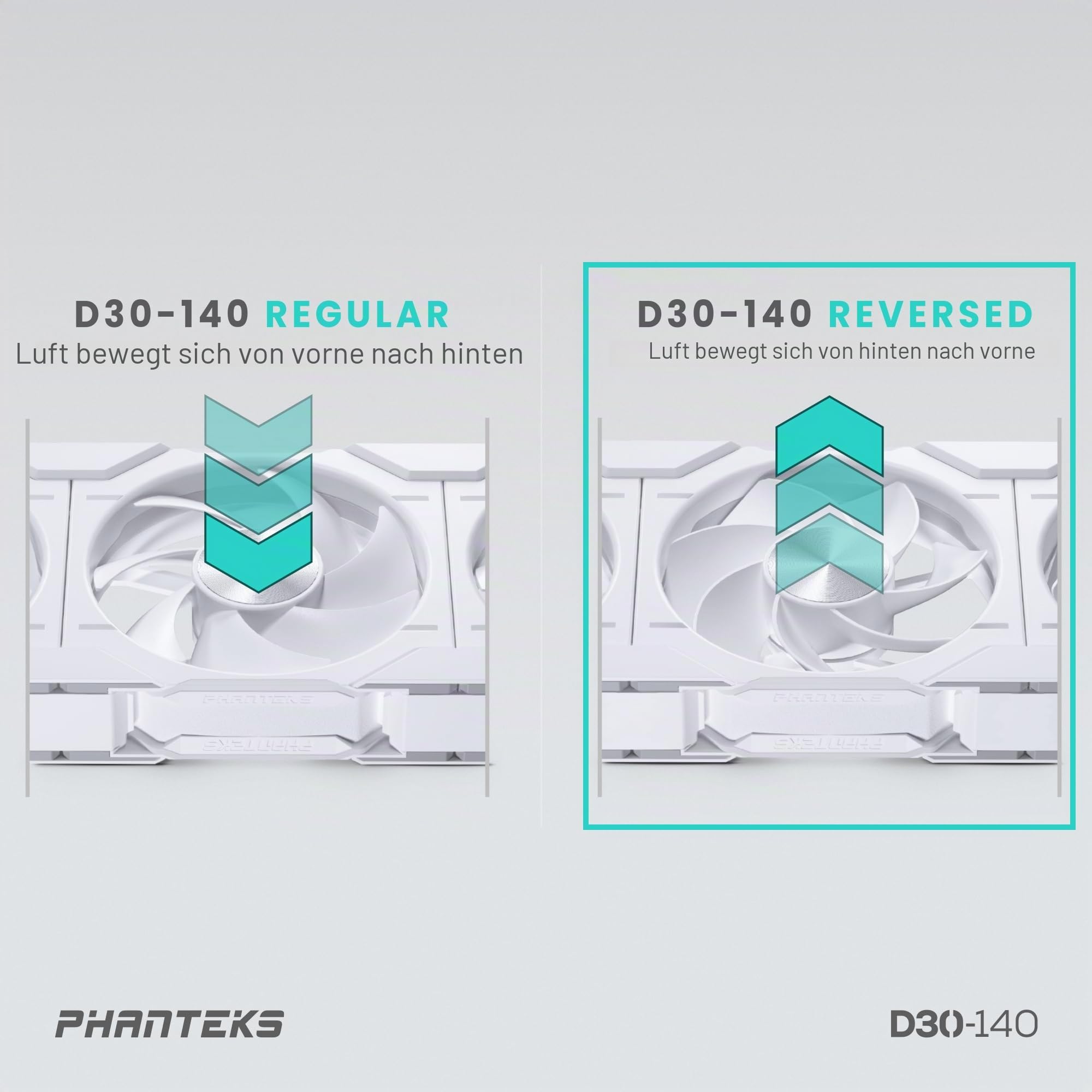 Phanteks D30-140 PWM D-RGB Lüfter Weiß | 140mm Gehäuselüfter, Reversed Airflow, ARGB Beleuchtung, Daisy-Chain System, 30mm Tiefe