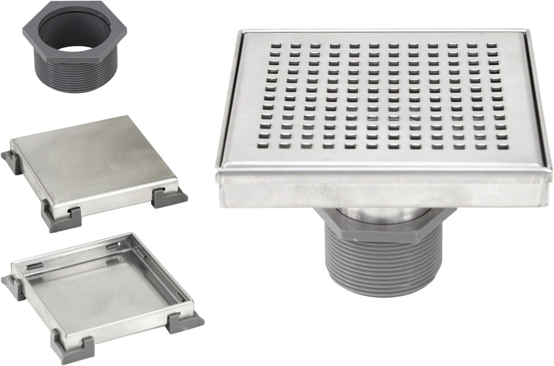 6 Inch Shower Square Shower Floor Drain โ Brushed 304 Stainless Steel โ Bonus 2 in 1 Reversible Tile Insert & Flat Grate and Threaded Adaptor (6 Inch Square Checker Pattern)