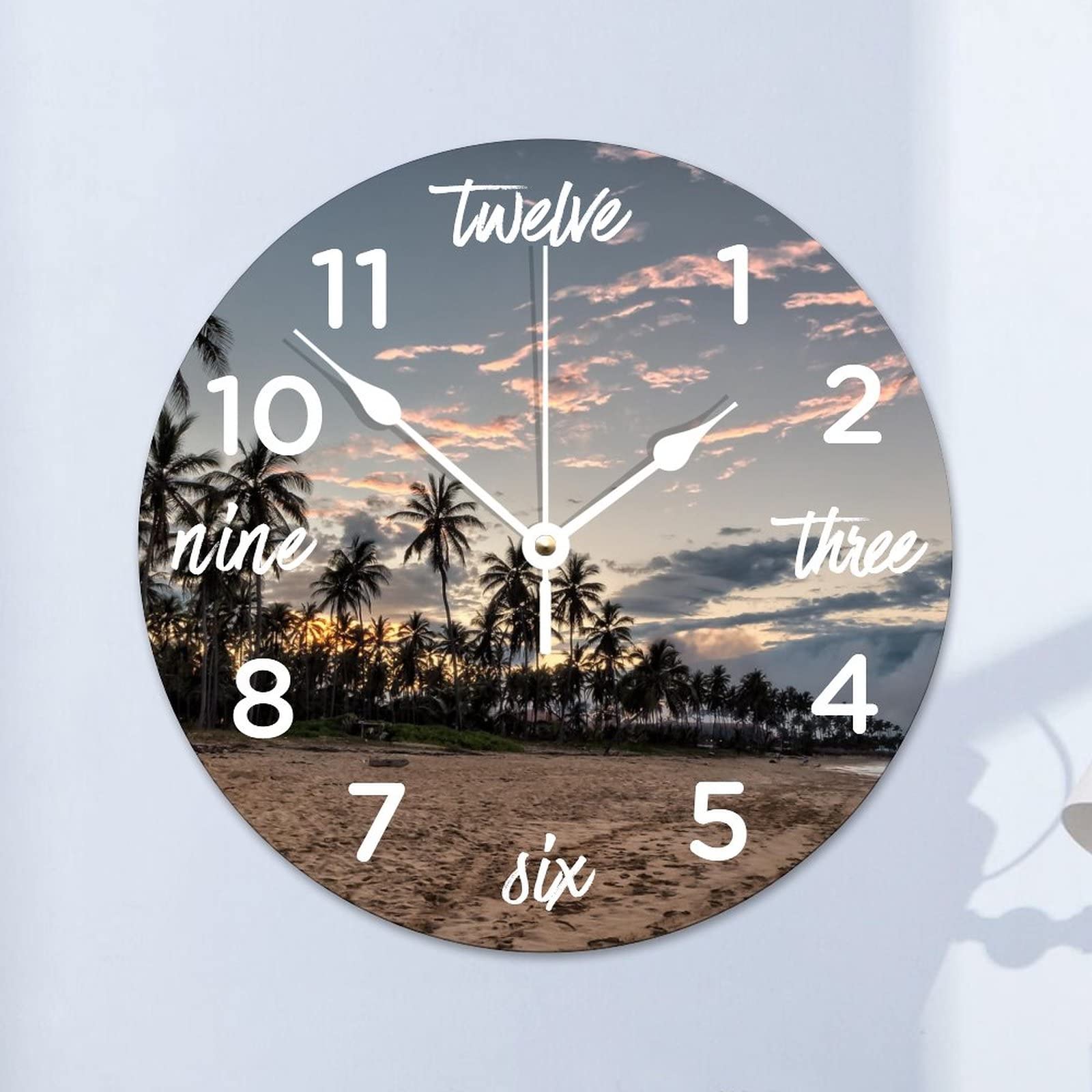 Horloge murale sans tic-tac Palm Beach en bois ronde facile à lire