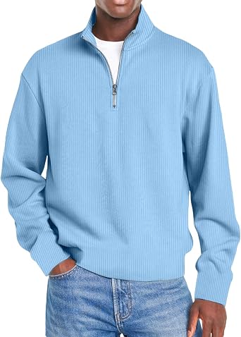 Mens Casual Ribbed Stand Collar Zipper Long Sleeve T-Shirt