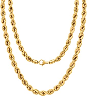 KISPER 18K Gold Plated Rope Chain Necklace for Men 2mm-5mm Stainless Steel