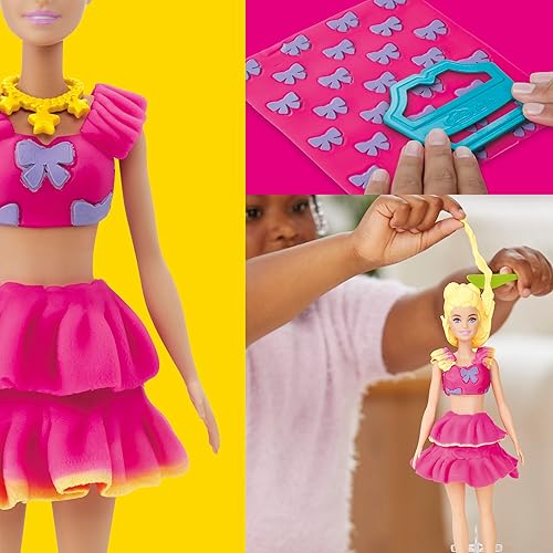 Miniatura 5 de Play-Doh Barbie - Juego de volantes y lazos, haz ropa de muñeca con compuesto de modelado y 9 accesorios de moda, artes y manualidades para niñas y