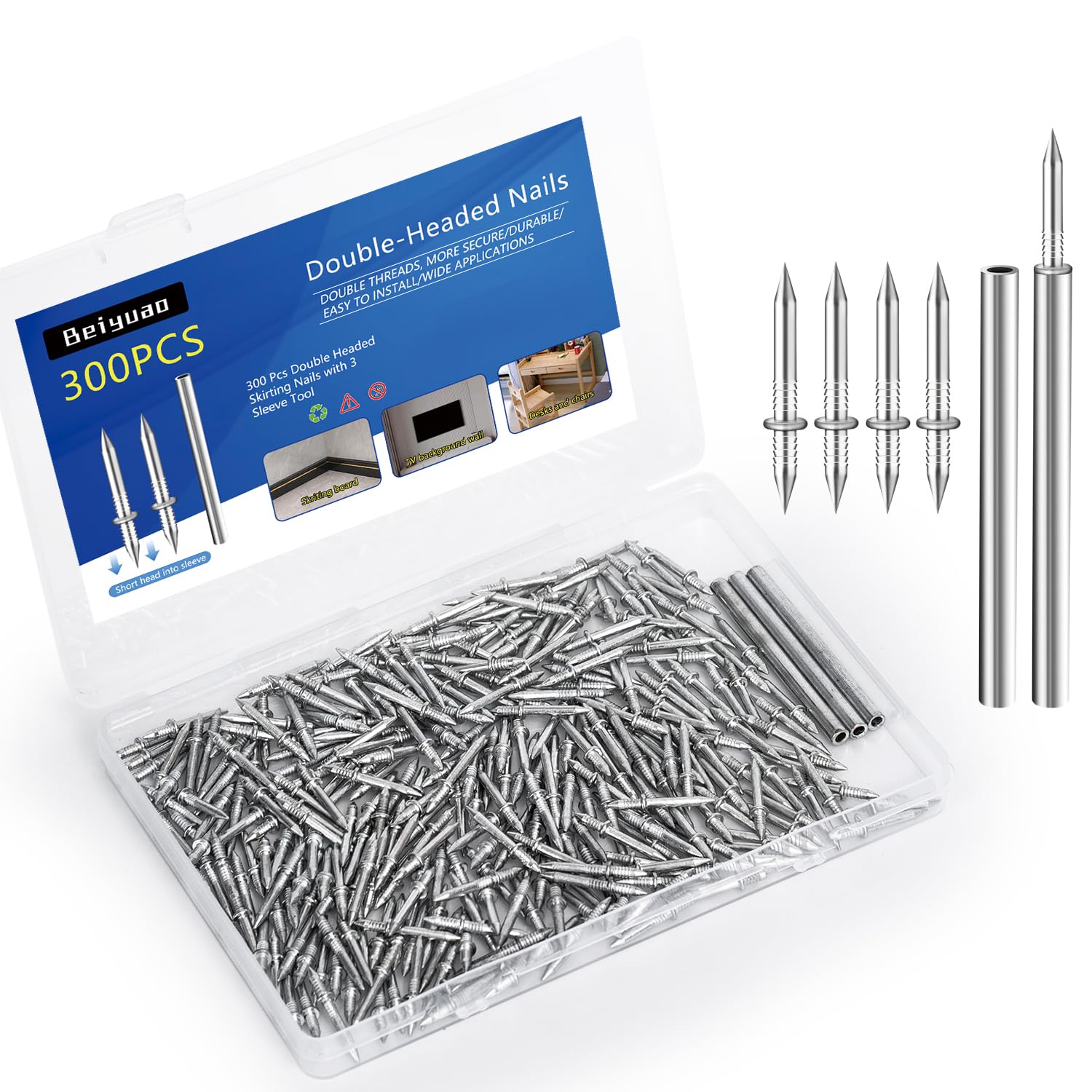 300 Count Double Headed Skirting Nails - Dual Direction Nails for Wooden Baseboards with Included Specific Sleeve Tool, Easy Mark-Free Installation